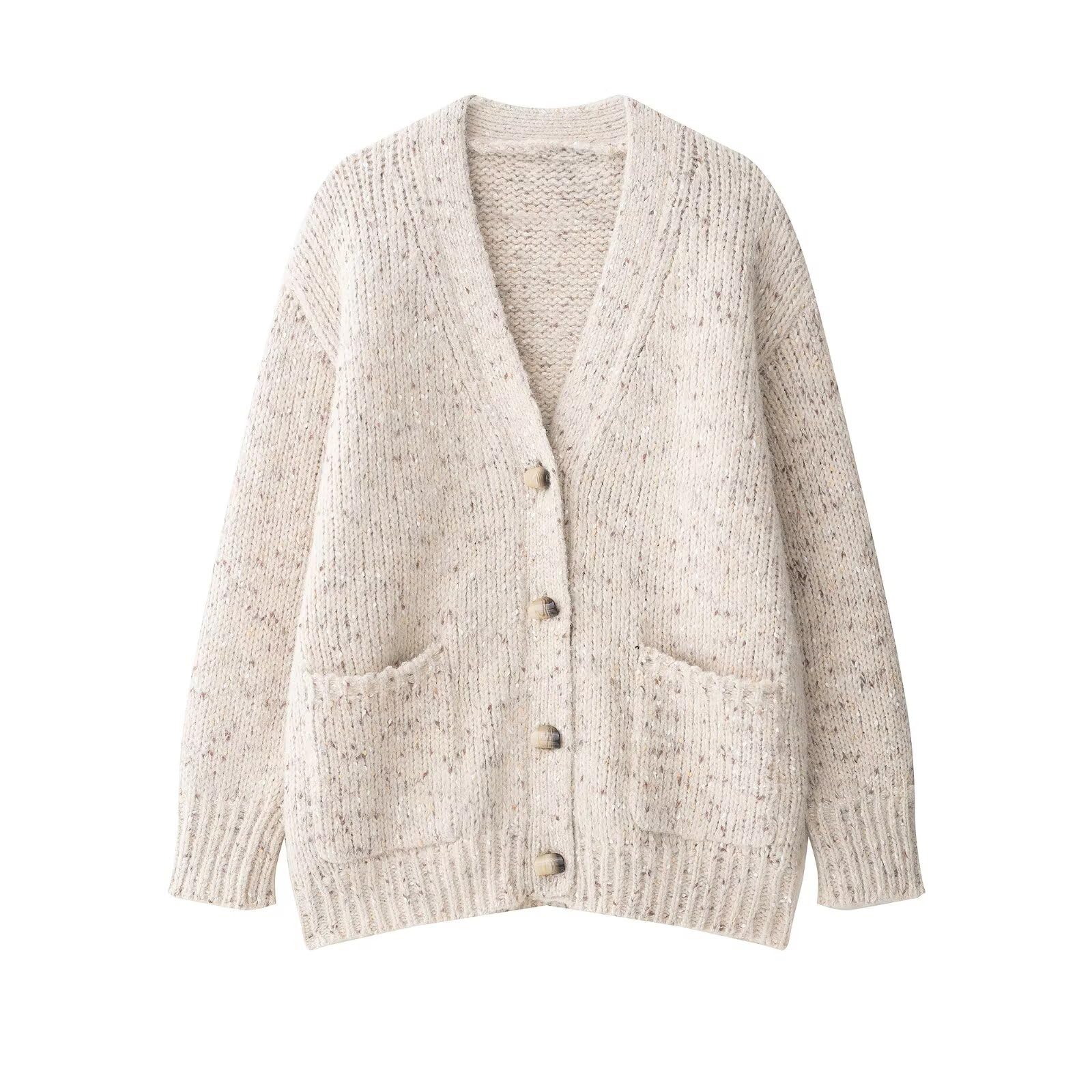 Womens Oversized Speckled Chunky Knit Cardigan with Ribbed Trim V-Neck Button Front Casual Sweater