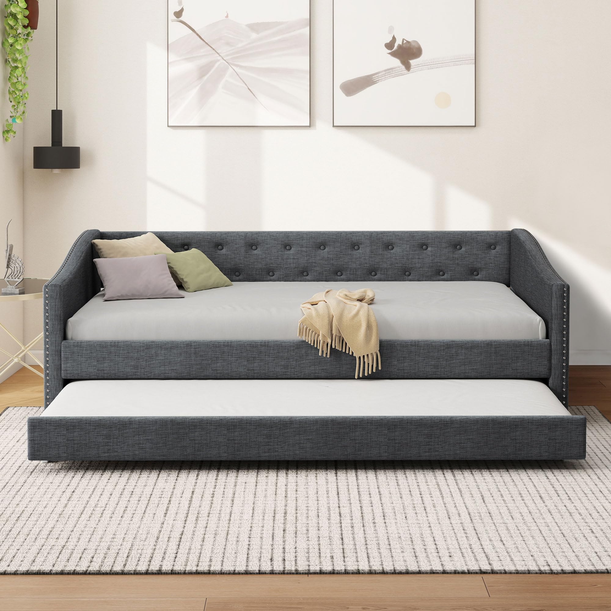 Twin Size Upholstered Daybed with Trundle,Tufted Sofa Bed w/Button on Back and Piping on Waved Shape Arms for Bedroom Guest Room, No Box Spring Needed,Dark Gray
