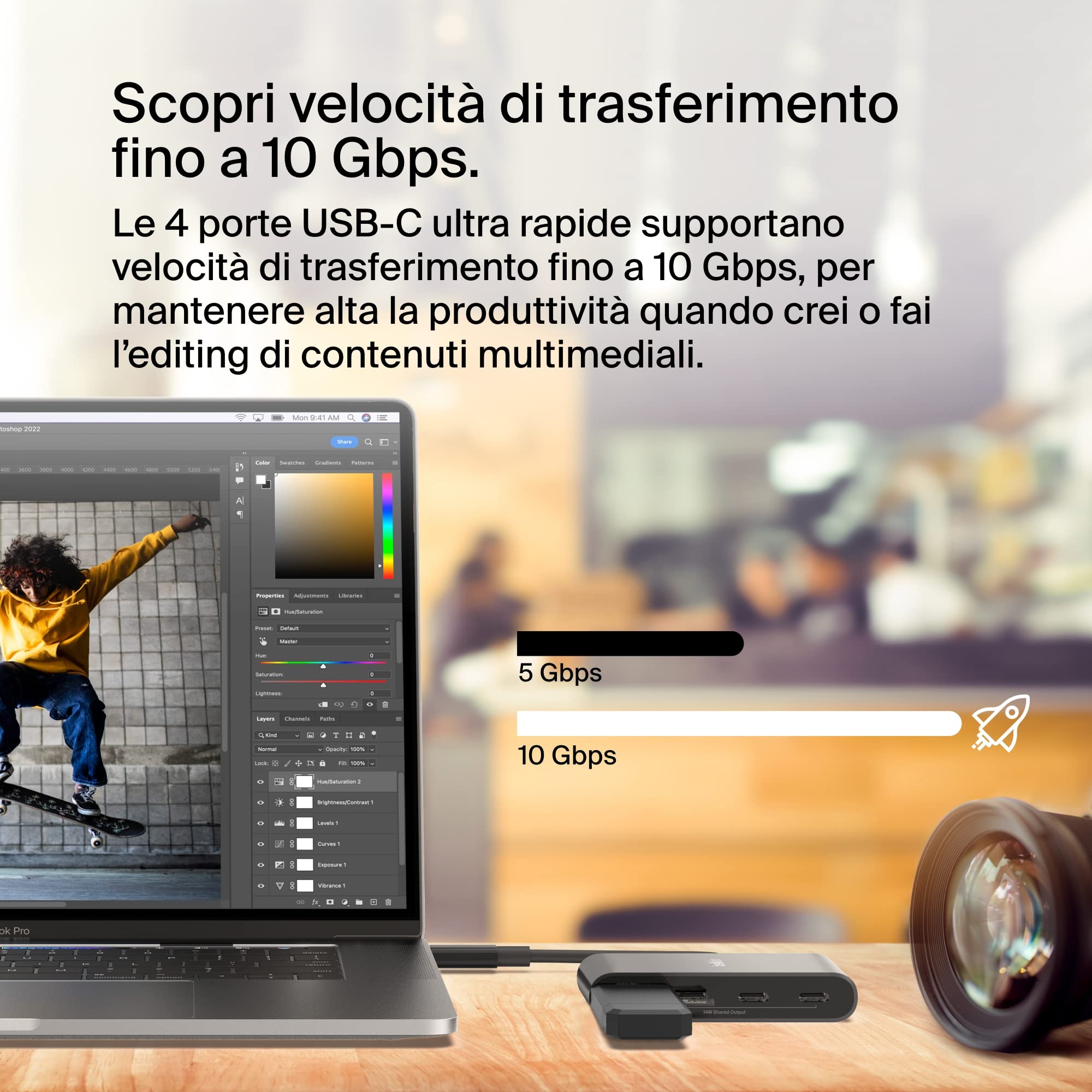 Belkin CONNECT Hub da USB-C™ a 4 porte USB-C, adattatore multiporta con 4 porte USB-C 3.1 Gen 2 e PD fino a 100 W con velocità dati di 10 Gbps, per MacBook, iPad, Chromebook, PC e altri dispositivi