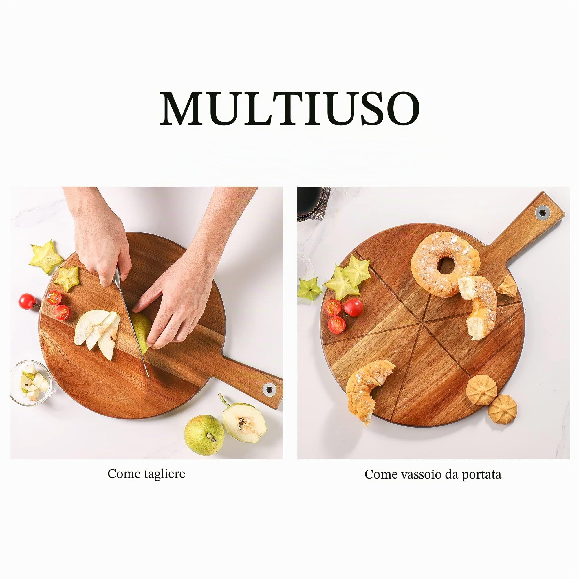 TJ POP Tagliere in Legno di Acacia 30cm per Pizza, Vassoio con Tagliapizza e Buccia