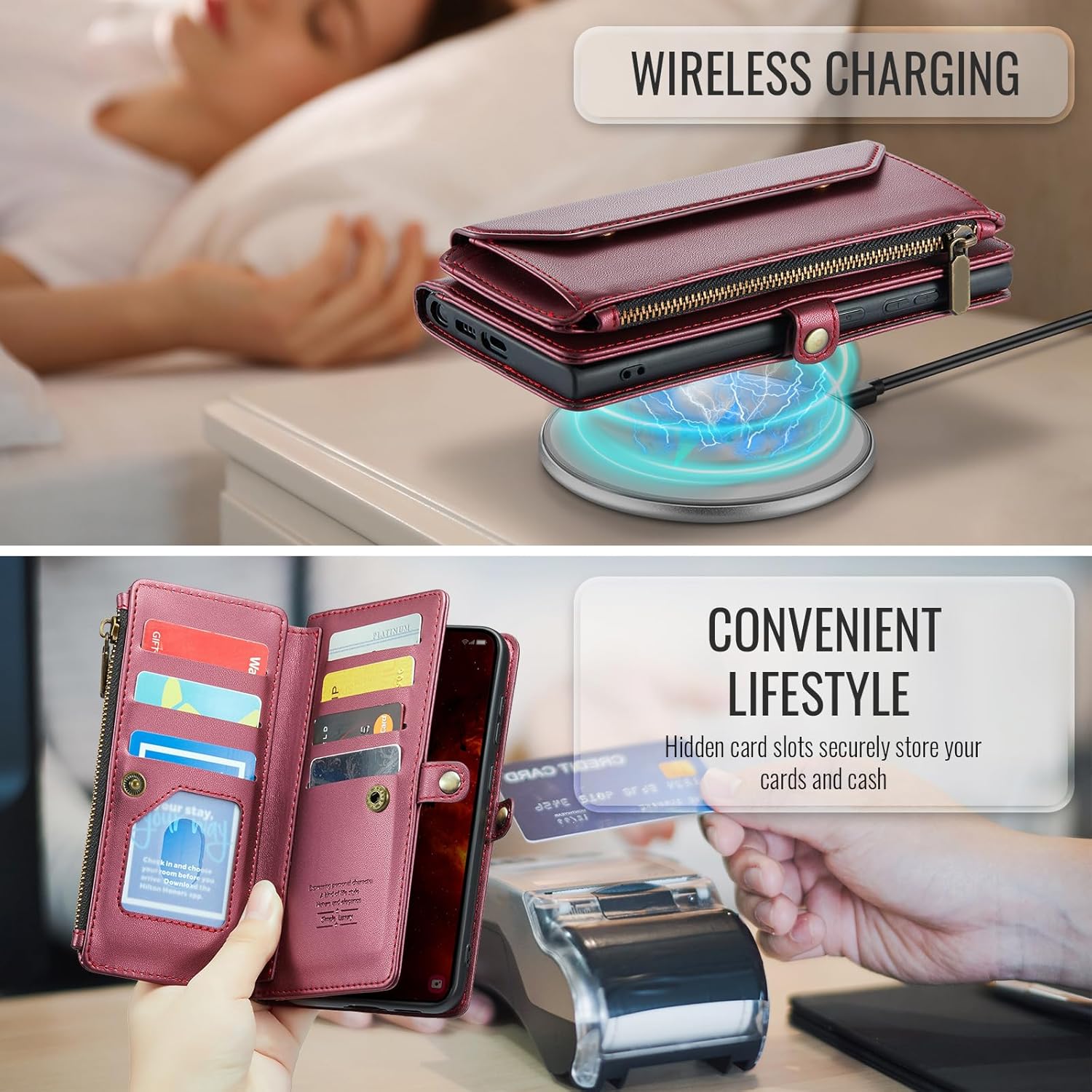 Asuwish Phone Case for Samsung Galaxy S24 FE 5G Zipper Wallet Cover with Tempered Glass Screen Protector and Flip RFID Blocking Card Holder Cell Accessories S 24 EF AI S24FE 24S Women Girls Wine Red
