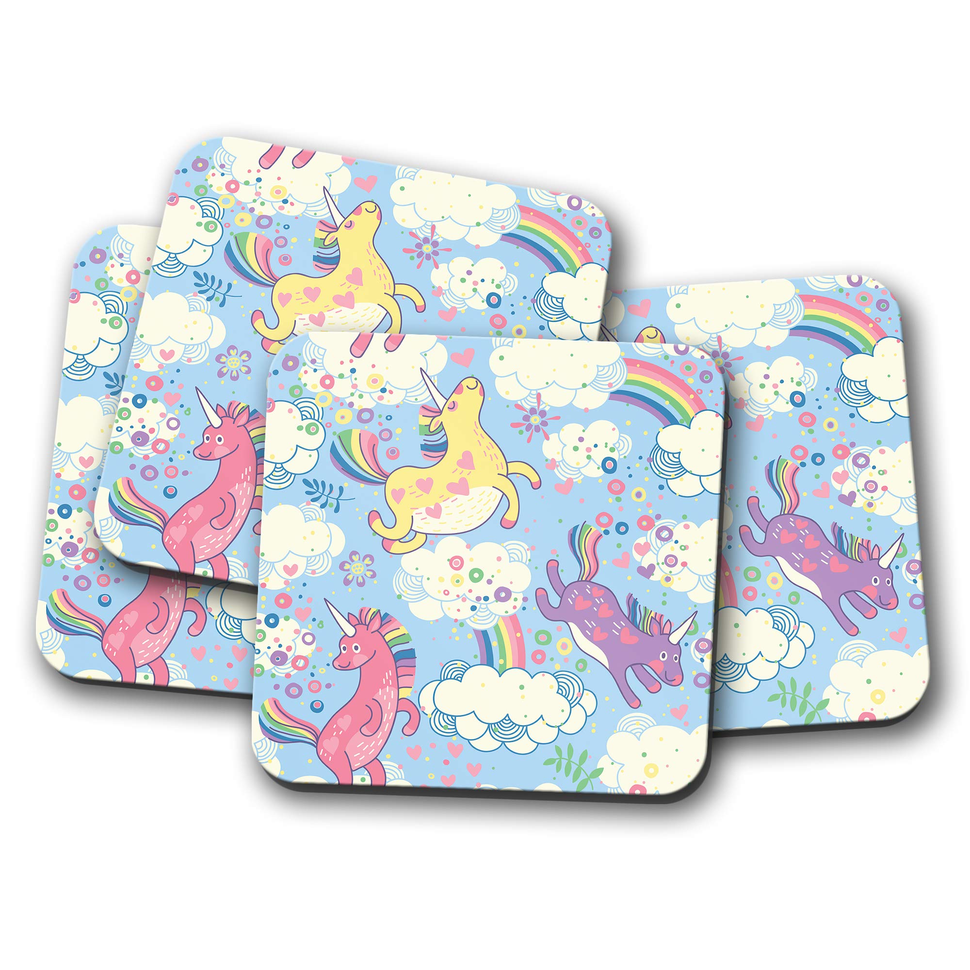 Destinationvinyl Girls Multicolor 4 Set - Pretty Unicorns Coaster - Horse Rainbow Hearts Kids Fun #8898