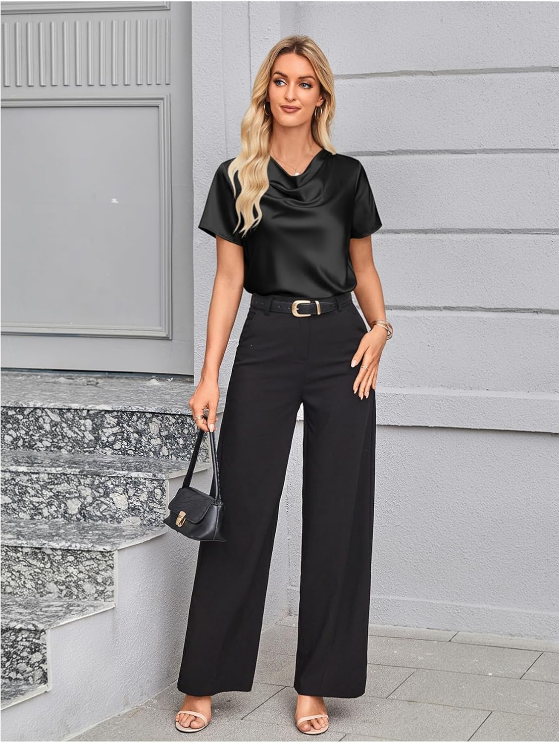 SweatyRocks Women's Draped Satin Blouse Short Sleeve Cowl Neck Dressy Work Shirts - Image 5