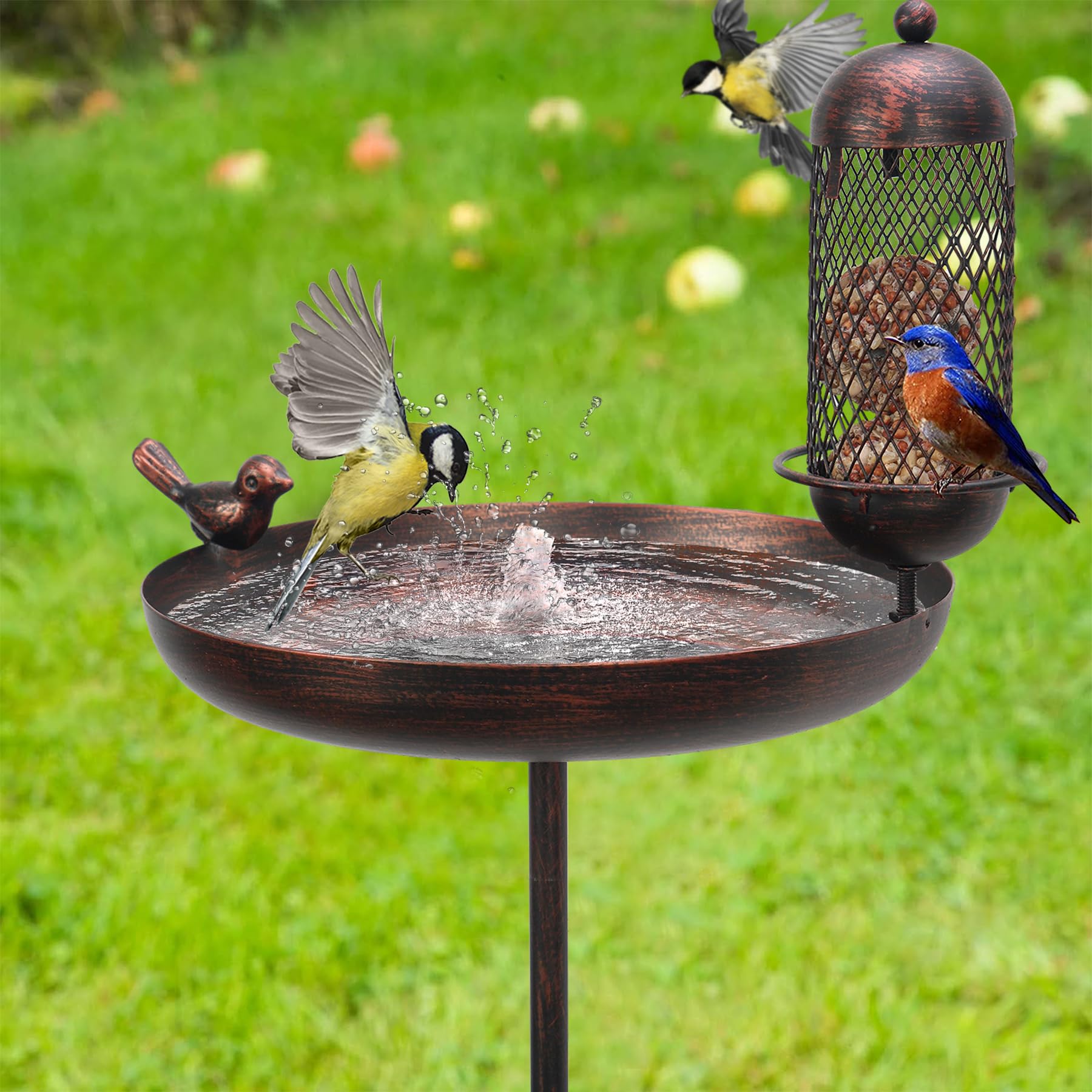 Vogeltränke mit vogelfutterspender, Vogelbad Vogelbecken∅25x122cm und Futterspender Futterschale Stehend,Groß Frostsicher Winterfest Wassertränke Futterstationen für Wildvögel