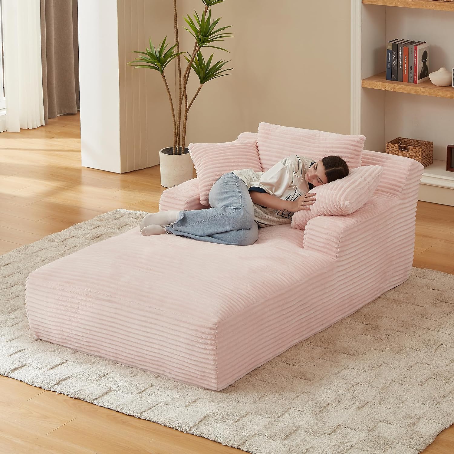 Pink Chaise Lounge Chair Indoor, 50" Oversized Corduroy Boneless Sleeper Sofa Cloud Couch with Throw Pillows and Armrests, Modern Comfy Single Seat Floor Sofa Reading Chairs for Living Room, Bedroom