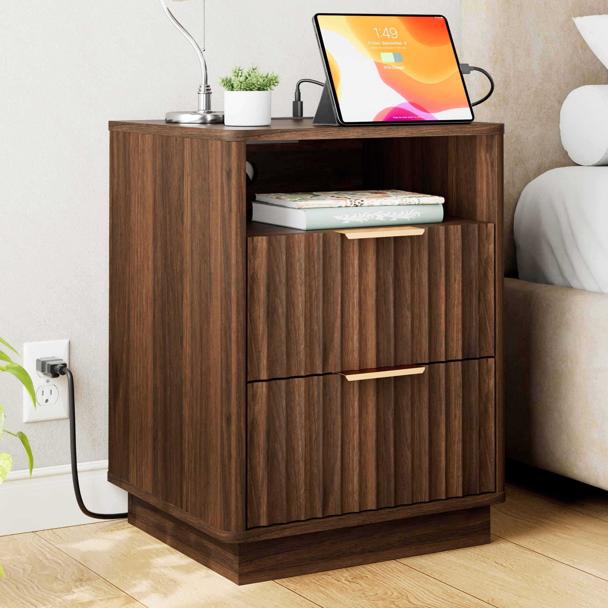 FavourLife Fluted Nightstand, Walnut Night Stand, 2 Drawers Nightstand with Charging Station, Wooden End Table with Storage, Modern Bedside Table for