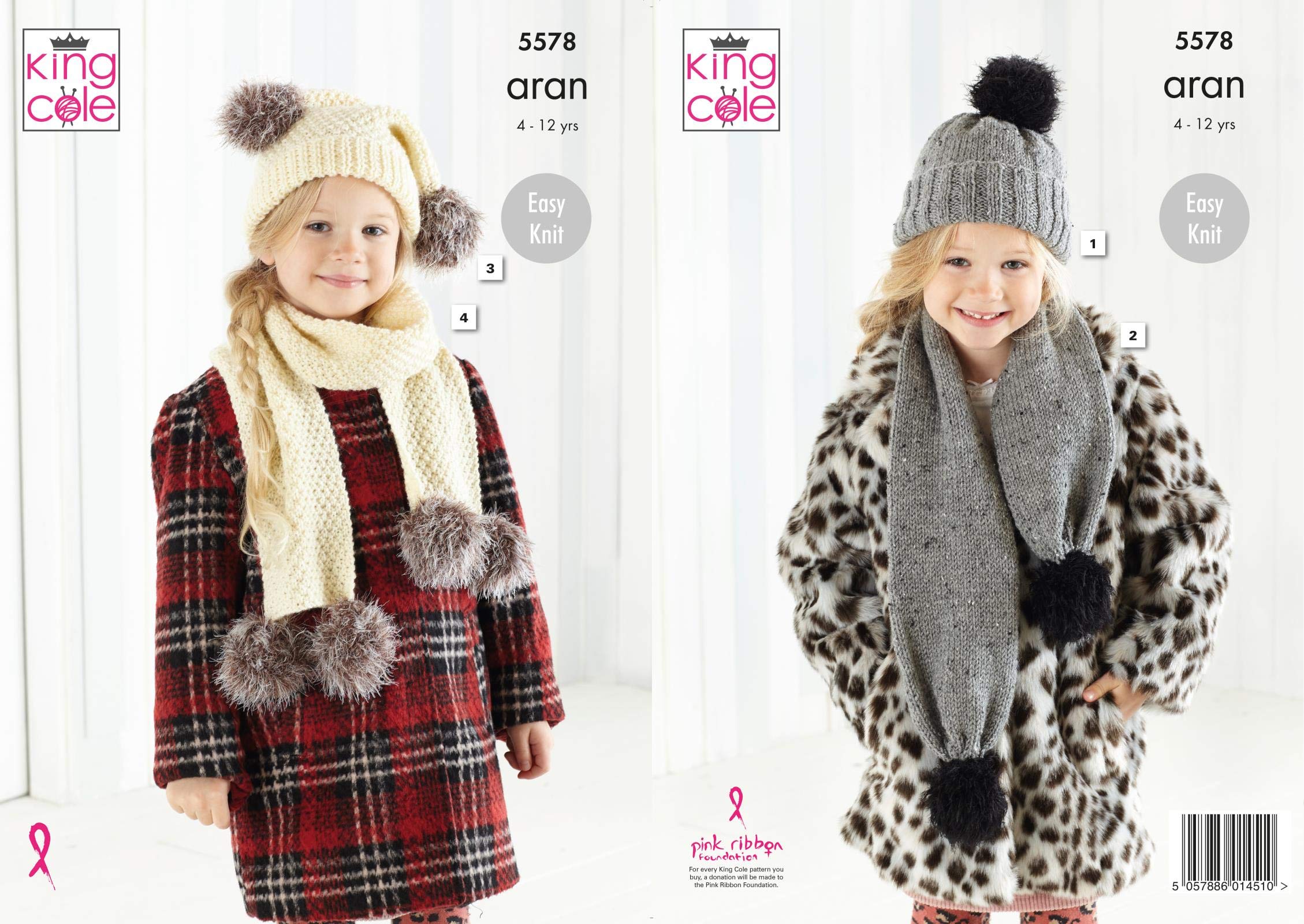 King Cole Multicolor Fashion Aran Knitting Pattern 5578 - Easy Headwear, Scarves Pattern - 4-12 Years