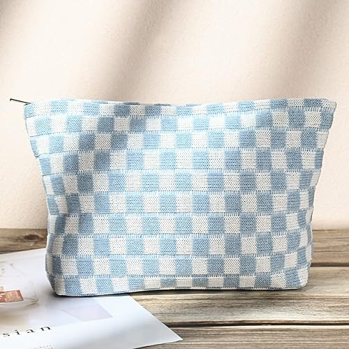 Miniatura 6 de SOIDRAM Bolsa de maquillaje de 2 piezas grande a cuadros, bolsa de cosméticos a cuadros, capacidad para mezclar, bolsa de aseo de viaje, organizador