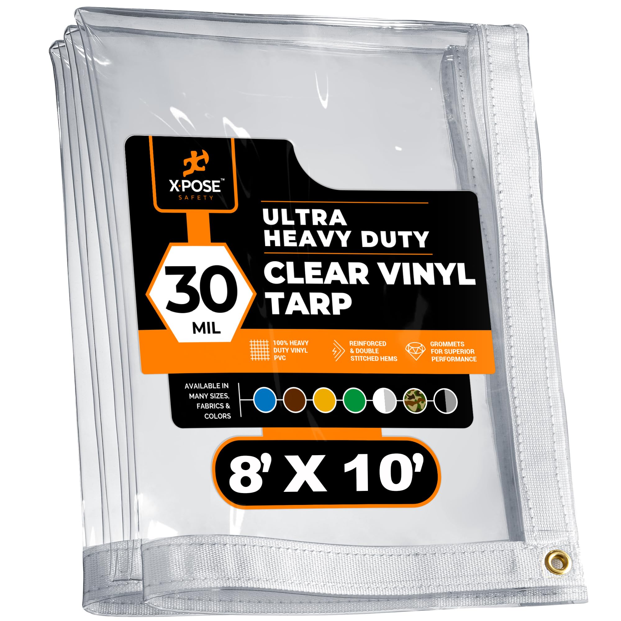 8' x 10' Clear Vinyl Tarp - 30 Mil Super Heavy Duty Transparent Waterproof PVC Tarpaulin with Brass Grommets - for Patio Enclosure, Temporary Wall, Camping, Tent Cover, Canopy - by Xpose Safety