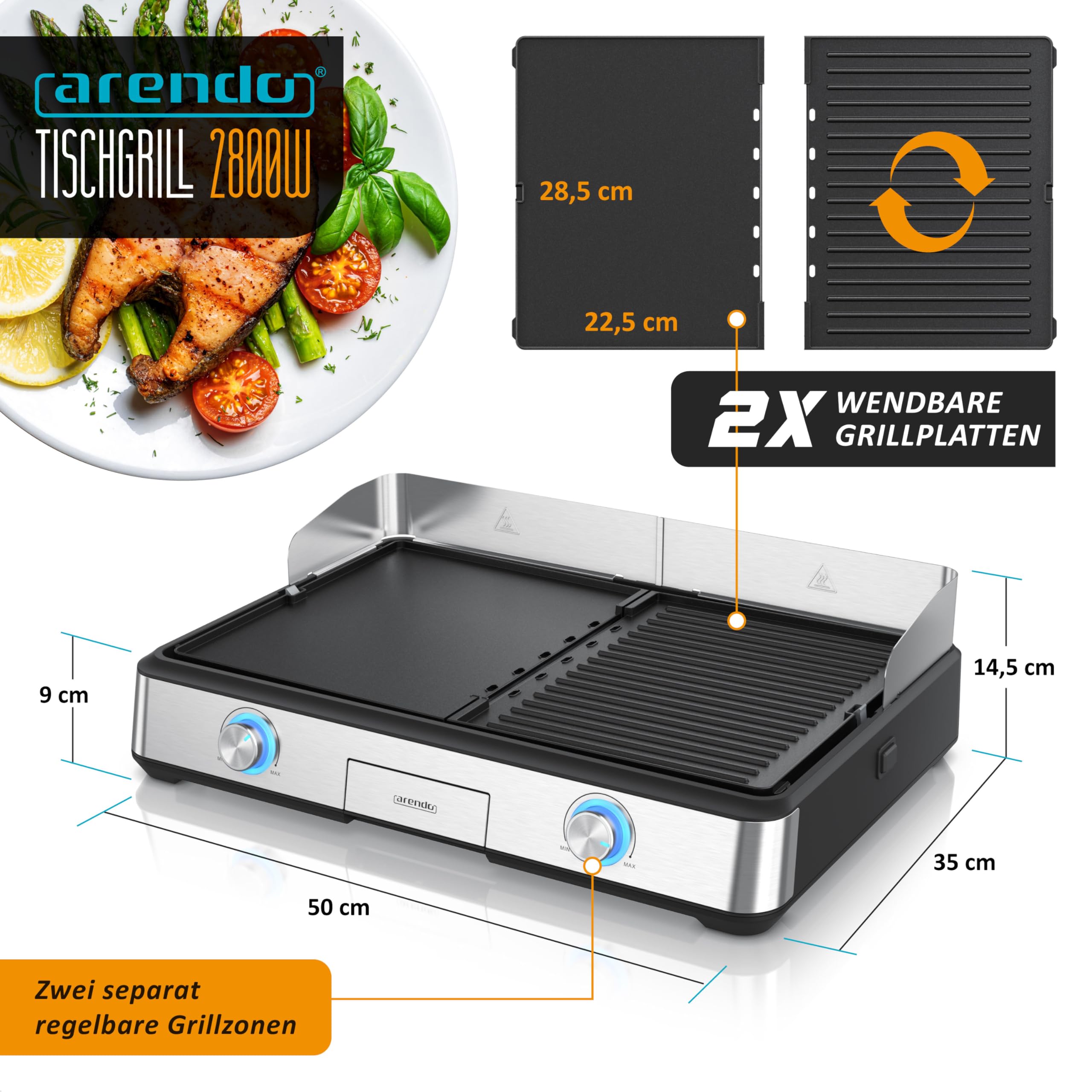 Arendo - Tischgrill elektrisch mit 2 Grillzonen - Electric grill 2 Thermostate - Elektrogrill Edelstahl – 2800W Leistung – Antihaft-Beschichtung –Spritzschutz – Für Balkon Küche Terrasse Garten