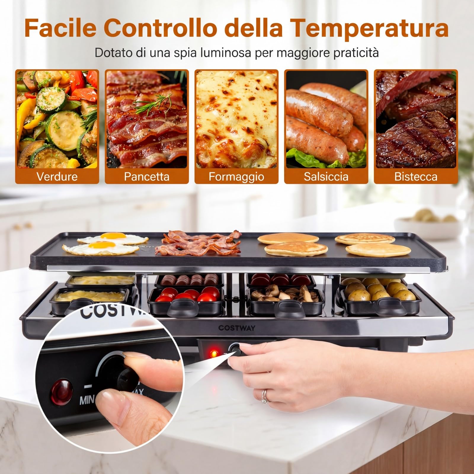 COSTWAY 1400W Piastra Elettrica Antiaderente, Griglia da Tavolo Elettrico | con 8 Padelle, 2 Superfici di Cottura, Temperatura Regolabile, 8 Spatole e Pinza per Pancake e Barbecue, 48 x 24 x 12 cm