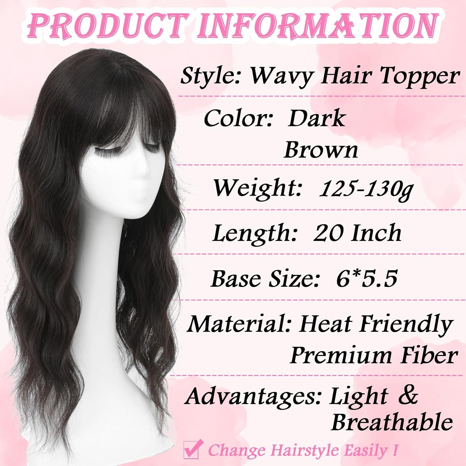 Hair Toppers for Women, 20 Inch Hand Tied Breathable Toppers Hair pieces for Women with Thinning Crown Wispy Bangs Mix Human Hair Clip in Curly Lightweight Wiglets (Dark Brown, Wispy Bangs)