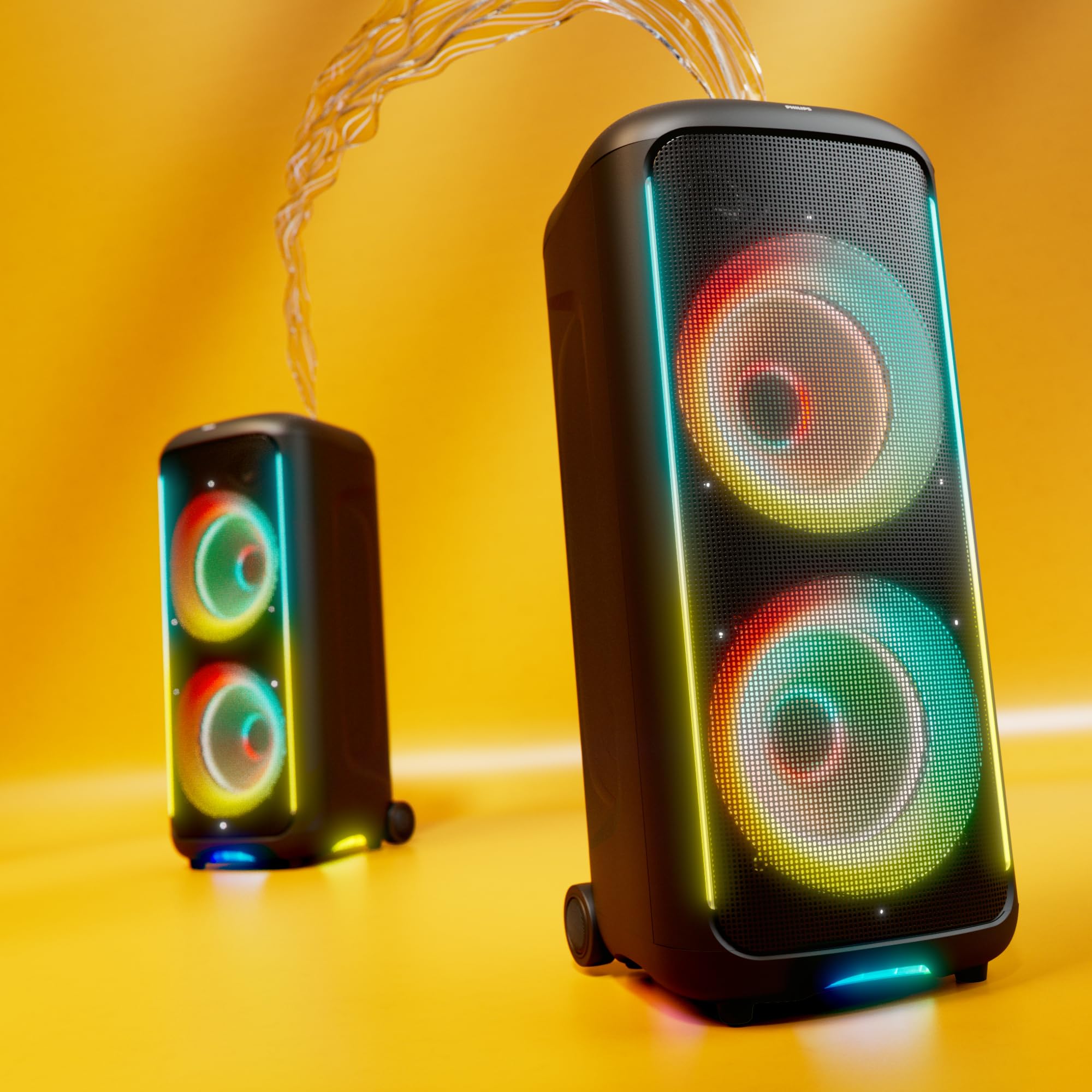 Philips TAX5000E Altoparlante feste Bluetooth 200W Max, Bass+, Spettacolo di luci, Batteria 14h, TWS & Auracast, Ingressi mic/chitarra, IPX4 impermeabile, USB, AUX, Controllo app, Rotelle e maniglia