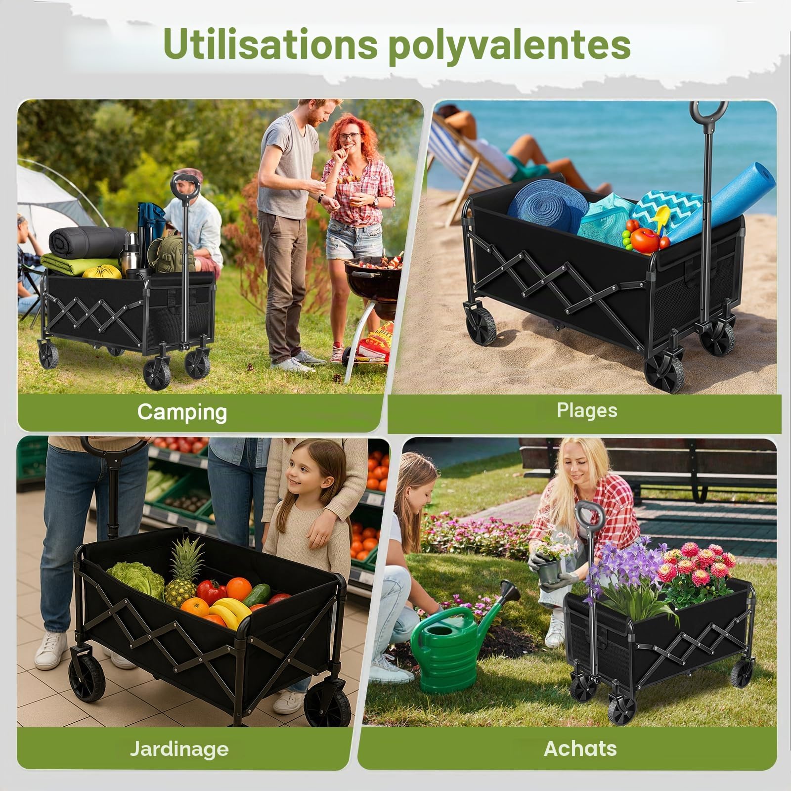 SURFOU Chariot Pliable - Charge maximale : 160 kg et Volume : 120 l - avec pneus Tout-Terrain à 360 ° - Châssis en Acier Robuste et bâche résistante aux intempéries - Idéal pour Le Camping, la Plage