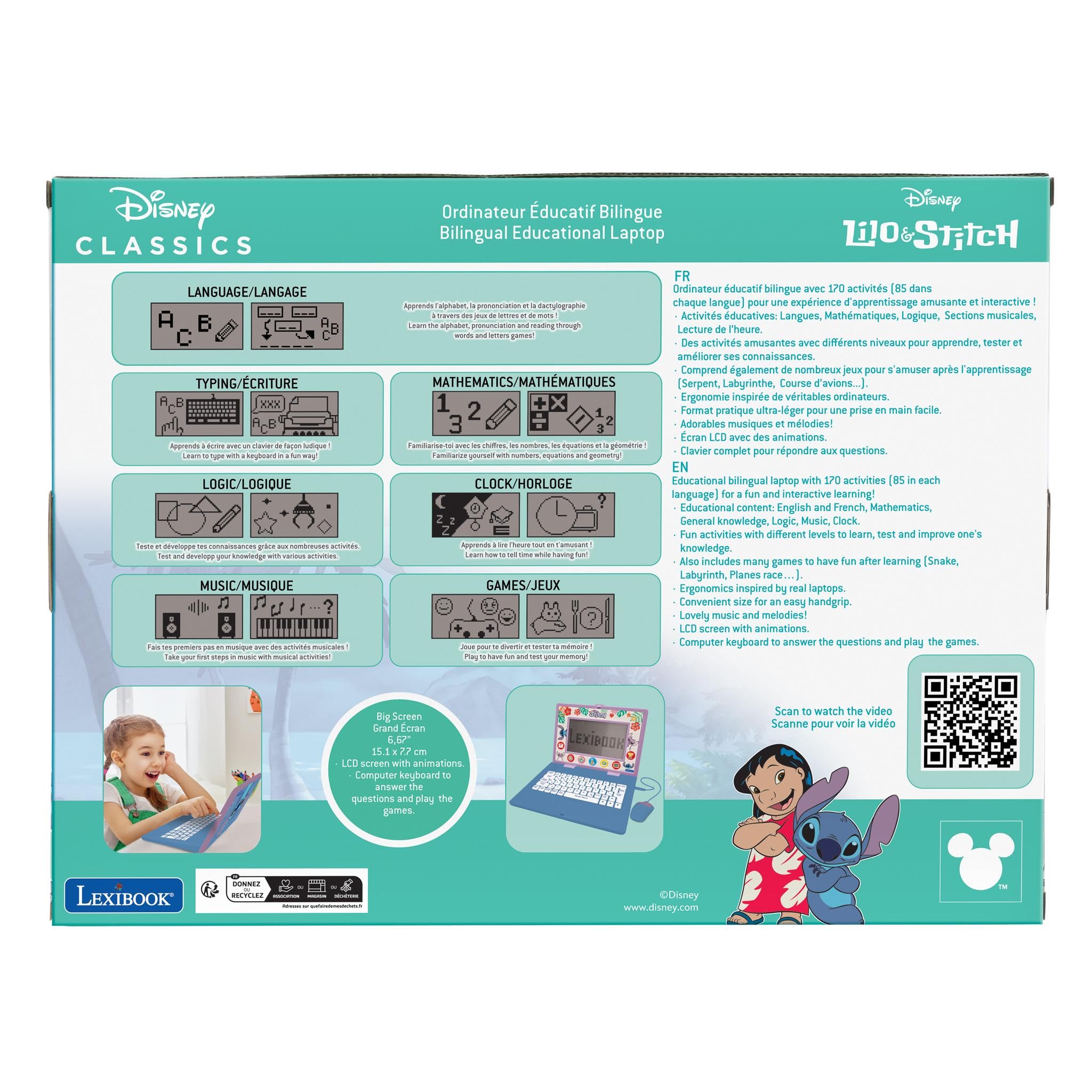 Lexibook, Disney Stitch, francuski/angielski dwujęzyczny laptop edukacyjny, zabawka dla dzieci, 170 zajęć do nauki, gier i muzyki, duży ekran, niebieski/fioletowy, JC599Di1LXB