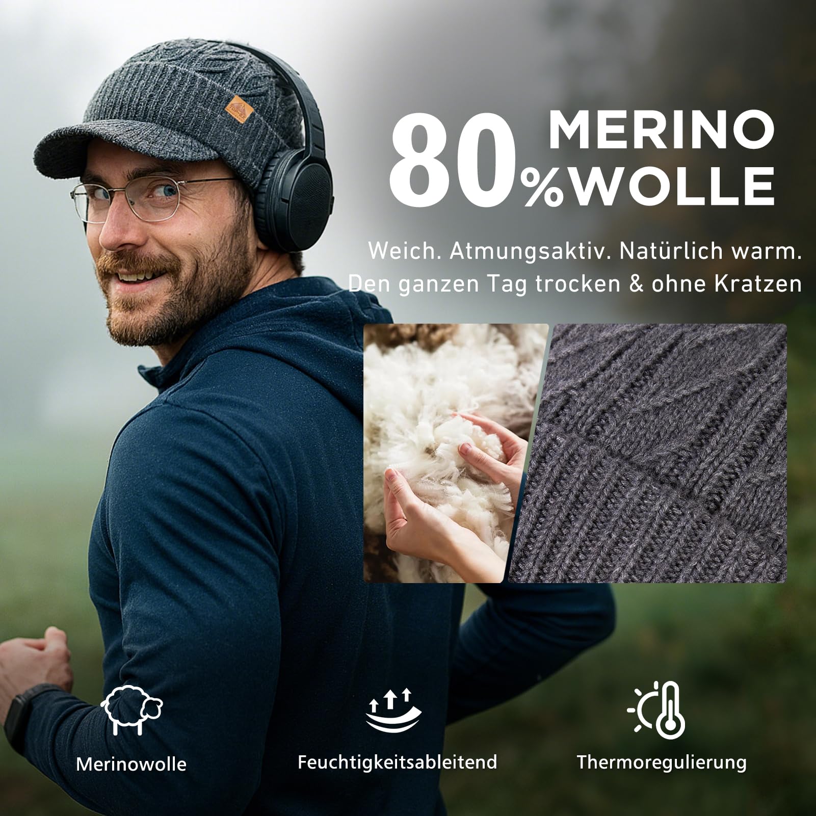 TOP-EX DryKnit impermeabile L/XL/XXL lana merino lavorato a maglia con visiera foderato in pile, caldo berretto invernale da uomo e da donna