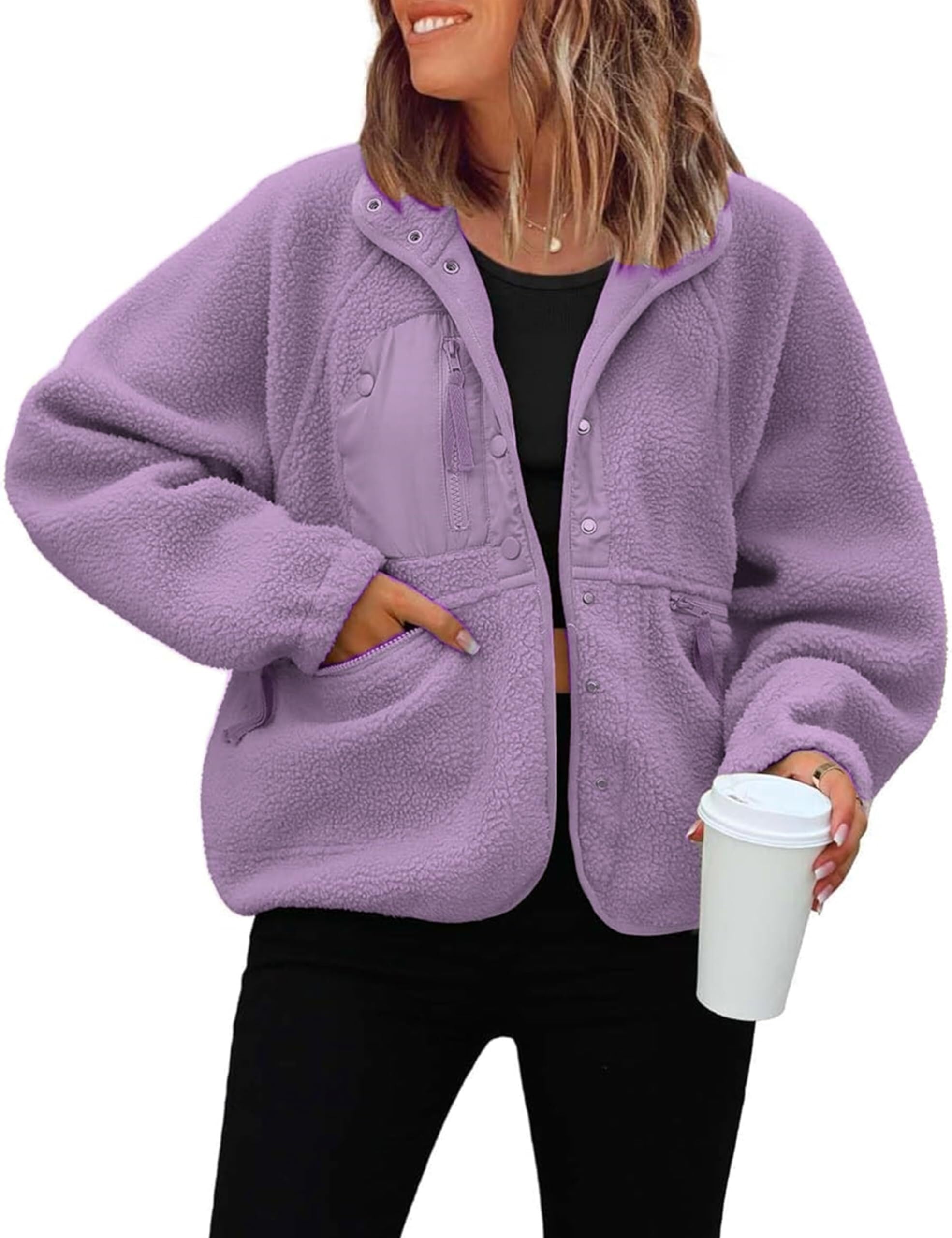 Barley Direct Unisex Purple Lightweight Cropped Fuzzy Fleece Jacket For Women Winter Warm Sherpa Jackets Coat Outerwear With Pockets(,M)