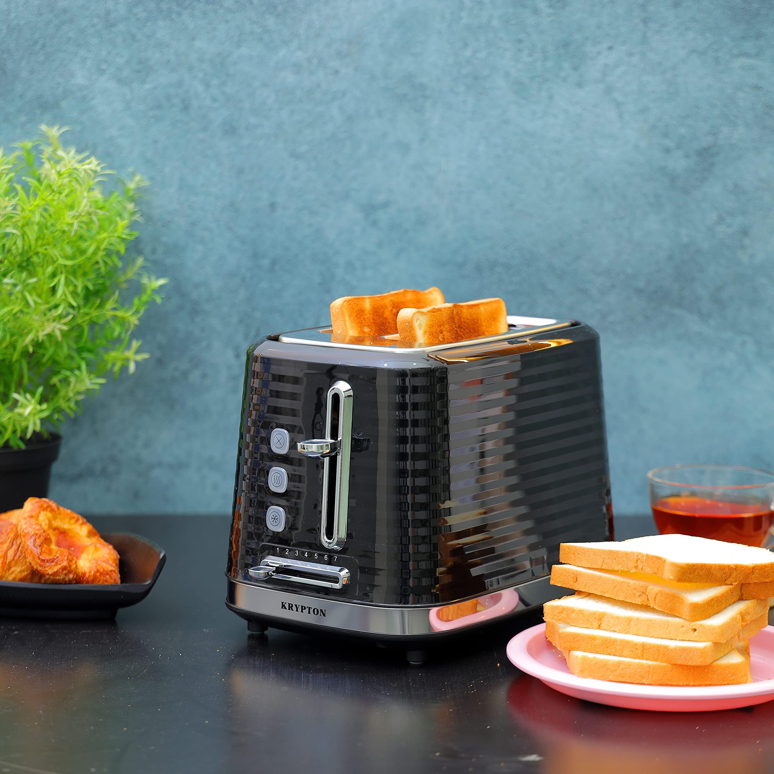 KryptonBread Toaster, Auto Pop-Up 2 Slice KNBT6378 with Removable Crumb Tray& One Touch Cancel Button, Black&silver