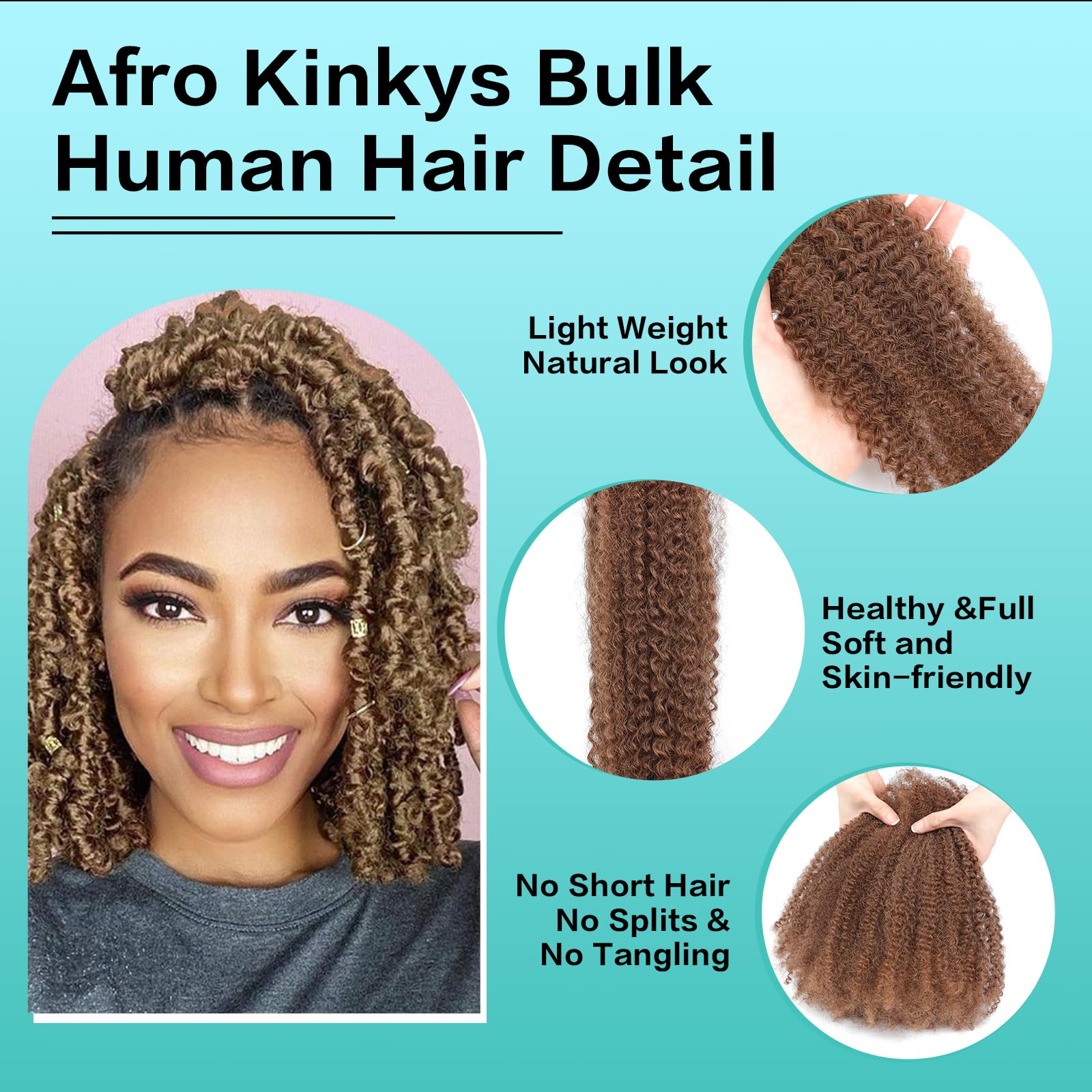 Humistwbiu Afro Kinky Bulk Human Hair 16 Inch 30 g Brown - Image 3