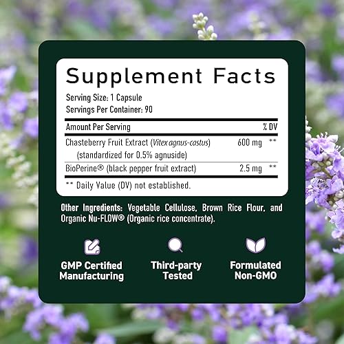 Miniatura 6 de Vitex Chasteberry Suplemento 600mg | Agnus Castus para el equilibrio hormonal de las mujeres, menopausia, regularidad menstrual y acné hormonal* |