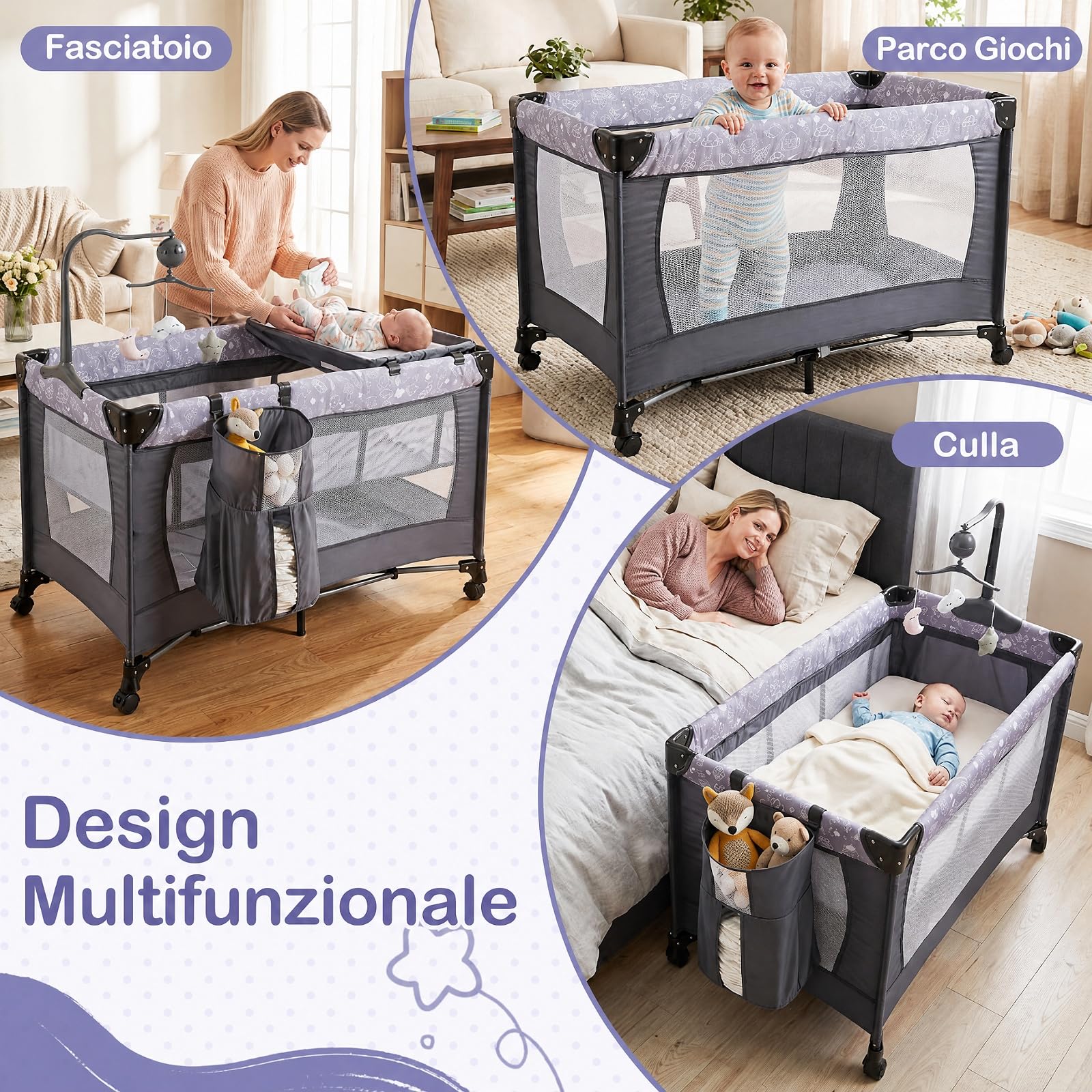 COSTWAY Lettino Pieghevole da Viaggio per Bambini, con Materasso e Ruote | Fasciatoio con Cintura di Sicurezza, Recinto e Tasca Portaoggetti, Lettino con Barra Giocattoli e Scatola Musica, 0-3 Anni