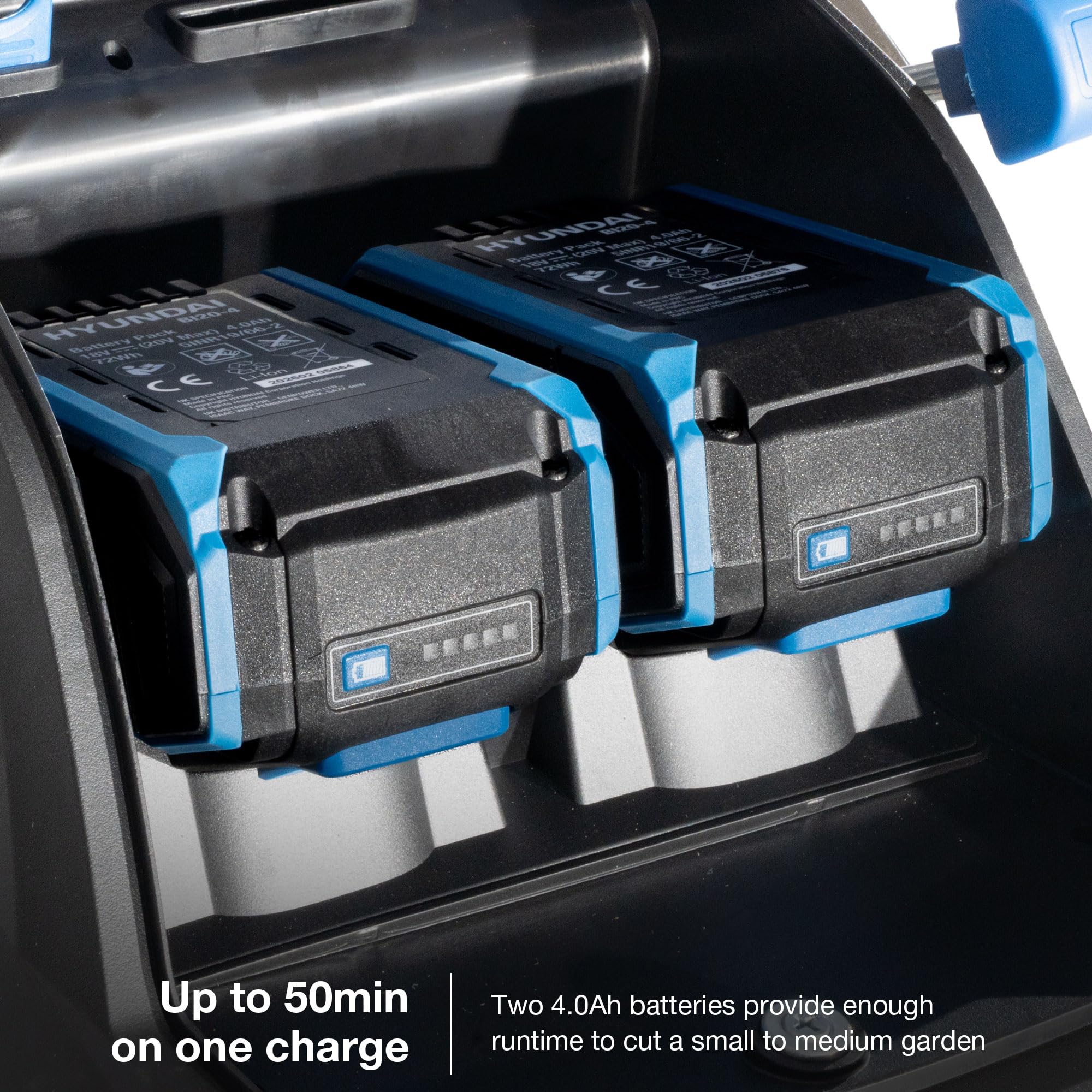 Hyundai Cortacésped inalámbrico de 38 cm, 40 V (2 x 20 V), Motor sin escobillas, 50 Minutos de Tiempo de Funcionamiento, 5 Alturas de Corte de 20 a 65 mm, Caja de césped de 36 L, 2 baterías de 4.0 Ah