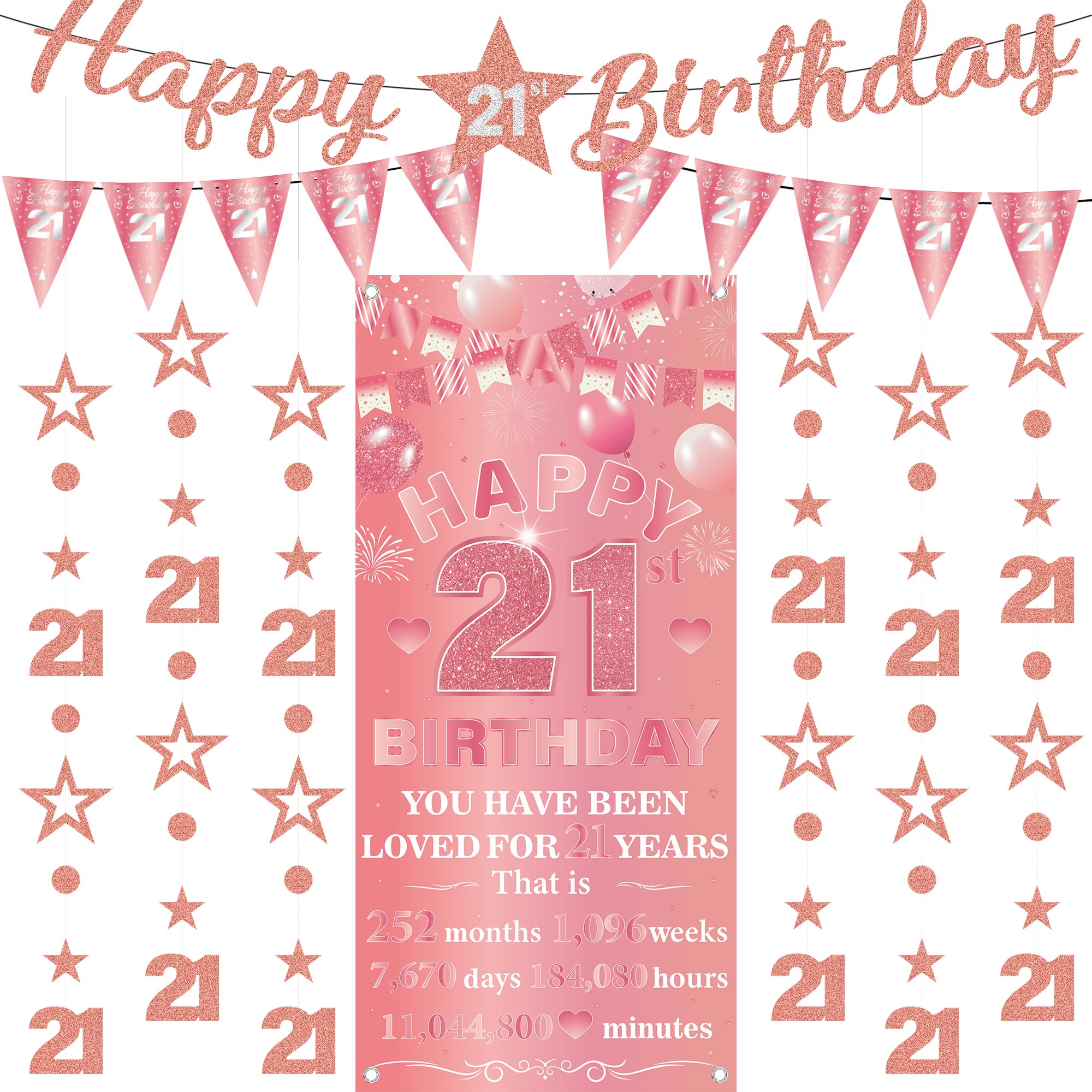 21st Birthday Decorations Banner Women - 9 Pcs Rose Gold Bannes Backdrop Number Star Dot Glitter Hanging Garlands Kit for Girls Women Happy 21 Years Old Birthday Party Decor Supplies