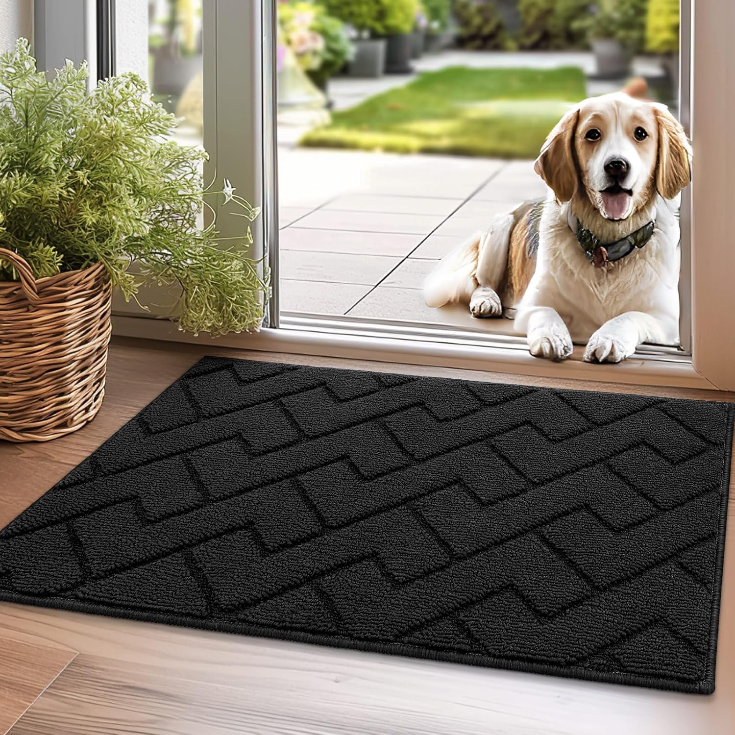 hicorfe Indoor Door Mat,Non Slip Door Mats,20"x31.5" Front Back Door Mat Rubber Backing,Absorbent Resist Dirt Entrance Inside Floor Mats for Entryway Washable Low-Profile(Black) - Amazon product rated Grade A