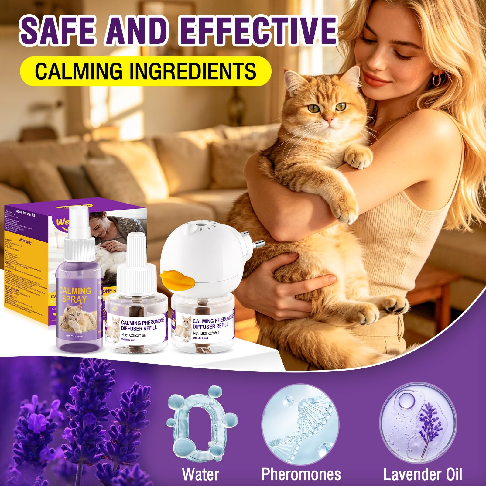 Diffuseur Et Spray Calmants De Phéromones pour Chats,Soulagement du Stress Réduisent Les Bagarres Et Les Griffures,Solution Sûre Et Efficace pour Les Chats Anxieux (2 Recharge+1 Spray)