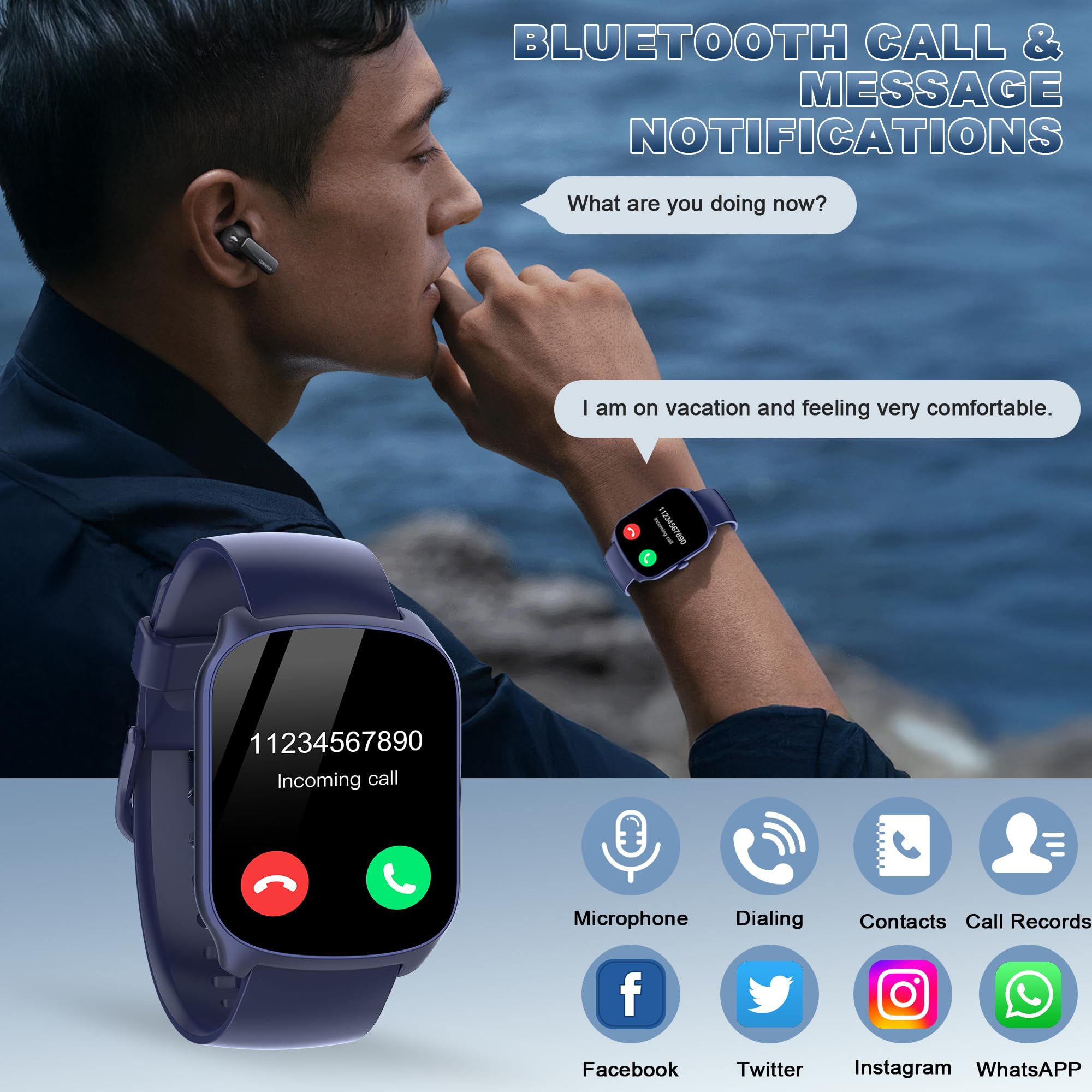 STECEi Smartwatch Uomo Donna, Schermo Curvo HD da 1,95'' Orologio Smartwatch con Effettua/Risposta Chiamate, 110+Sportive Smart Watch con Contapassi/Sonno/Cardiofrequenzimetro, Impermeabile IP68, Blu