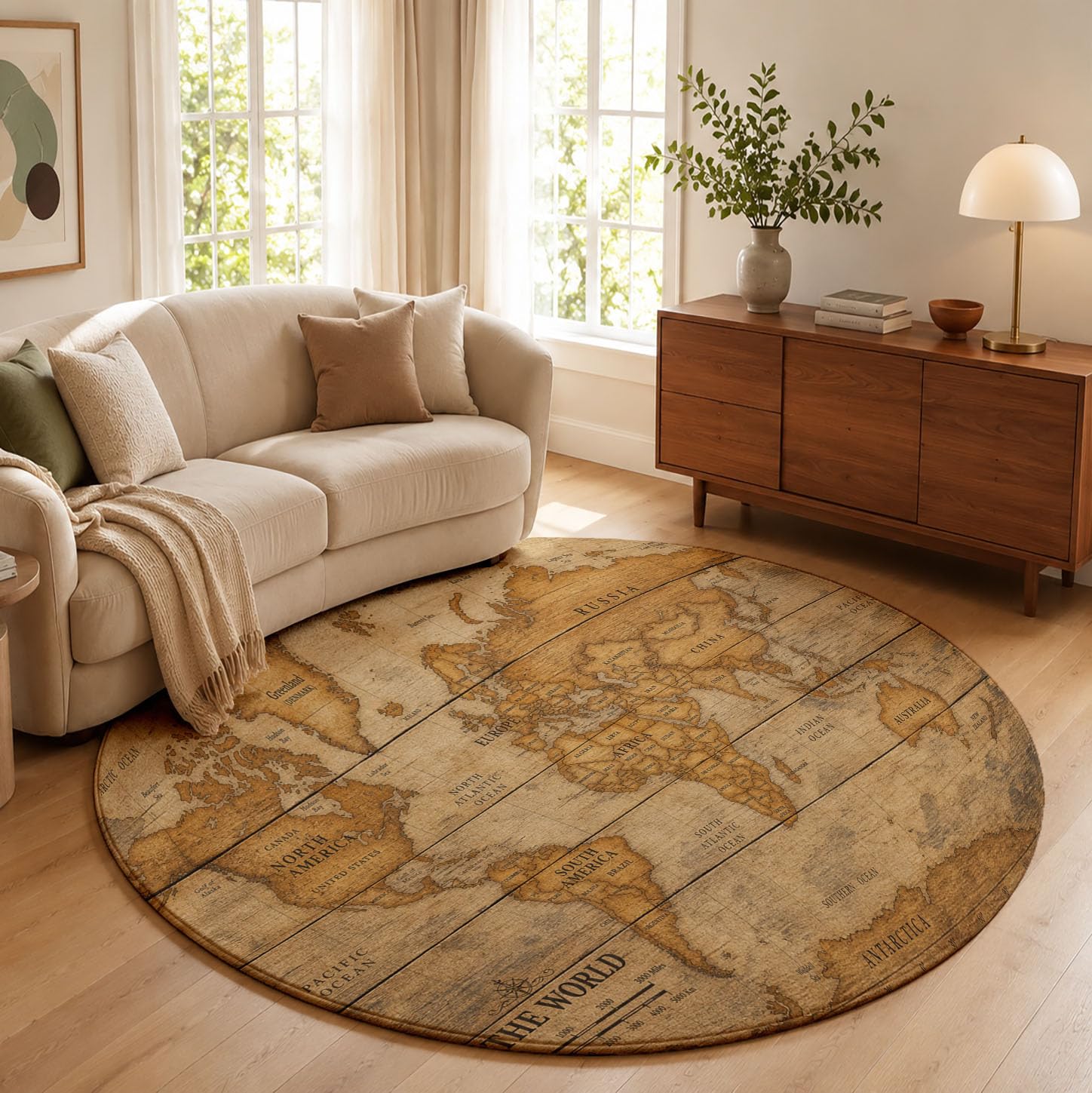 Tapis Salon Rond 180cm Carte du Monde Boussole Lavable | Antidérapant Poil Ras Tapis Rond Style Nautique Rétro pour Chambre Salle a Manger Salon Décoration D'intérieur