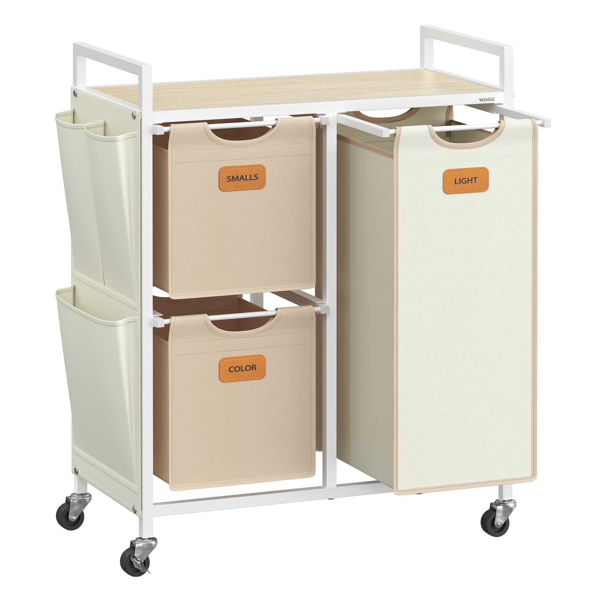 VASAGLE Laundry Hamper with 3 Compartments, 26.4 Gal. (100 L) Laundry Sorter, Rolling Laundry Cart with Shelves, Small Side Pockets, 6 Labels, Natural Beige, Camel Brown and Cream White UBLH