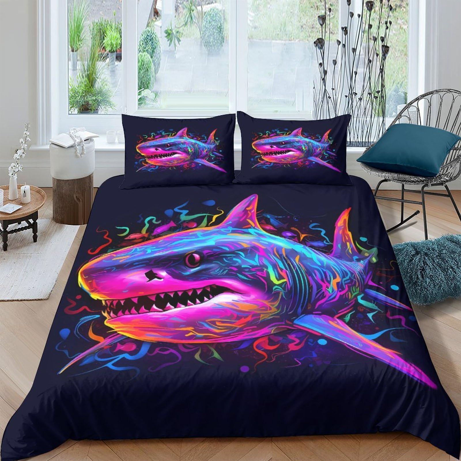 GPLZQXKJNH 3D Printed Neon Shark Duvet Cover Microfiber Soft Breathable Graffiti Bedding Set with 2 Pillowcases for Bedroom Decor Single（135x200cm）