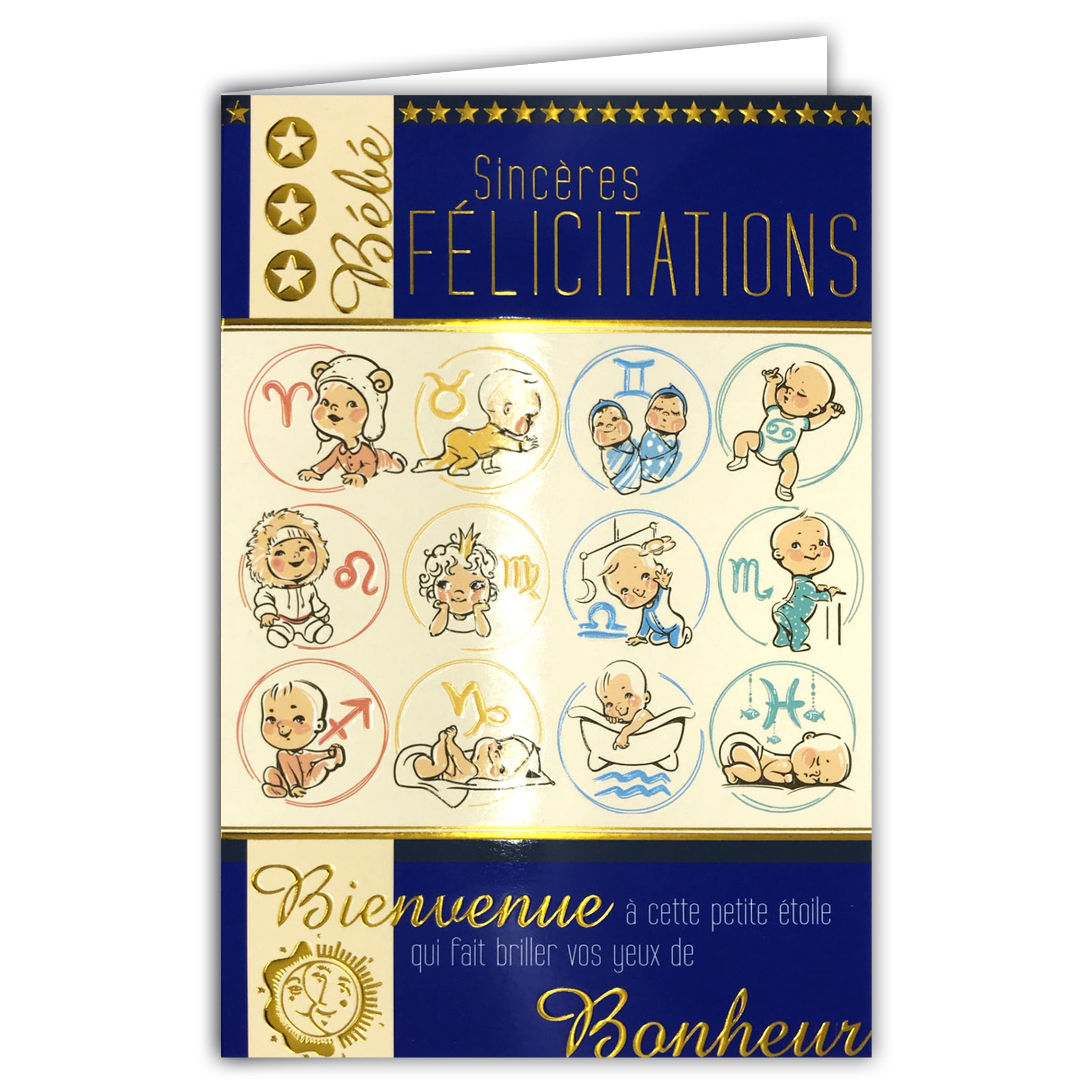 AFIE Horoscope Zodiac Sign Baby Boy Congratulations Birth or Adoption Golden Text Welcome to this little star that makes your eyes shine with happiness Illustrations Envelope 12 x 17.5 cm 66-1034-B