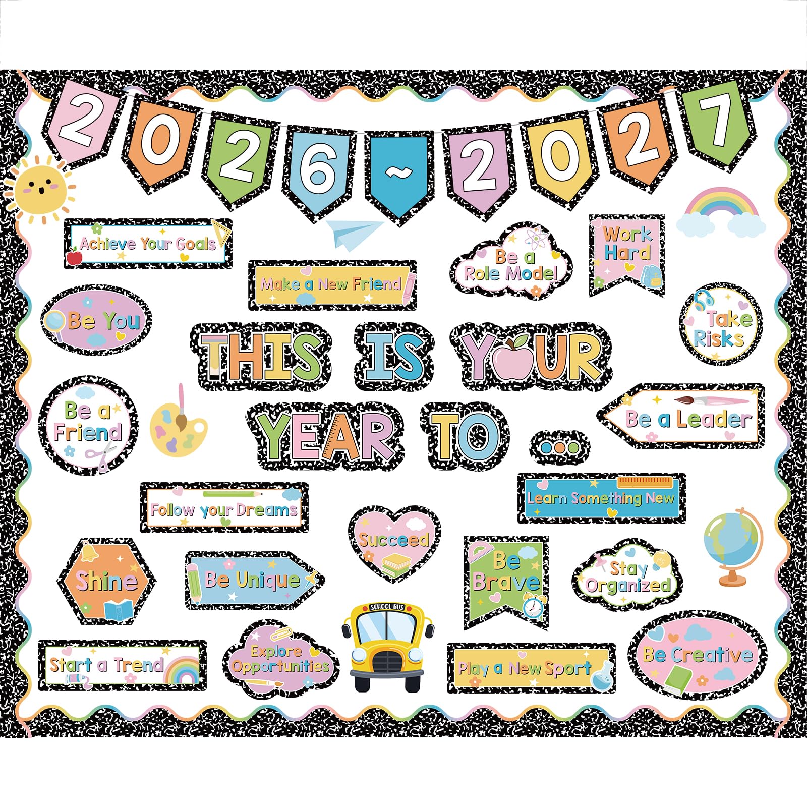 Juego de 72 tableros de anuncios para el regreso a clases 2026-2027, este es tu año para decorar con cuaderno de composición, recortes motivadores para la escuela, oficina, aula, pizarra, decoración
