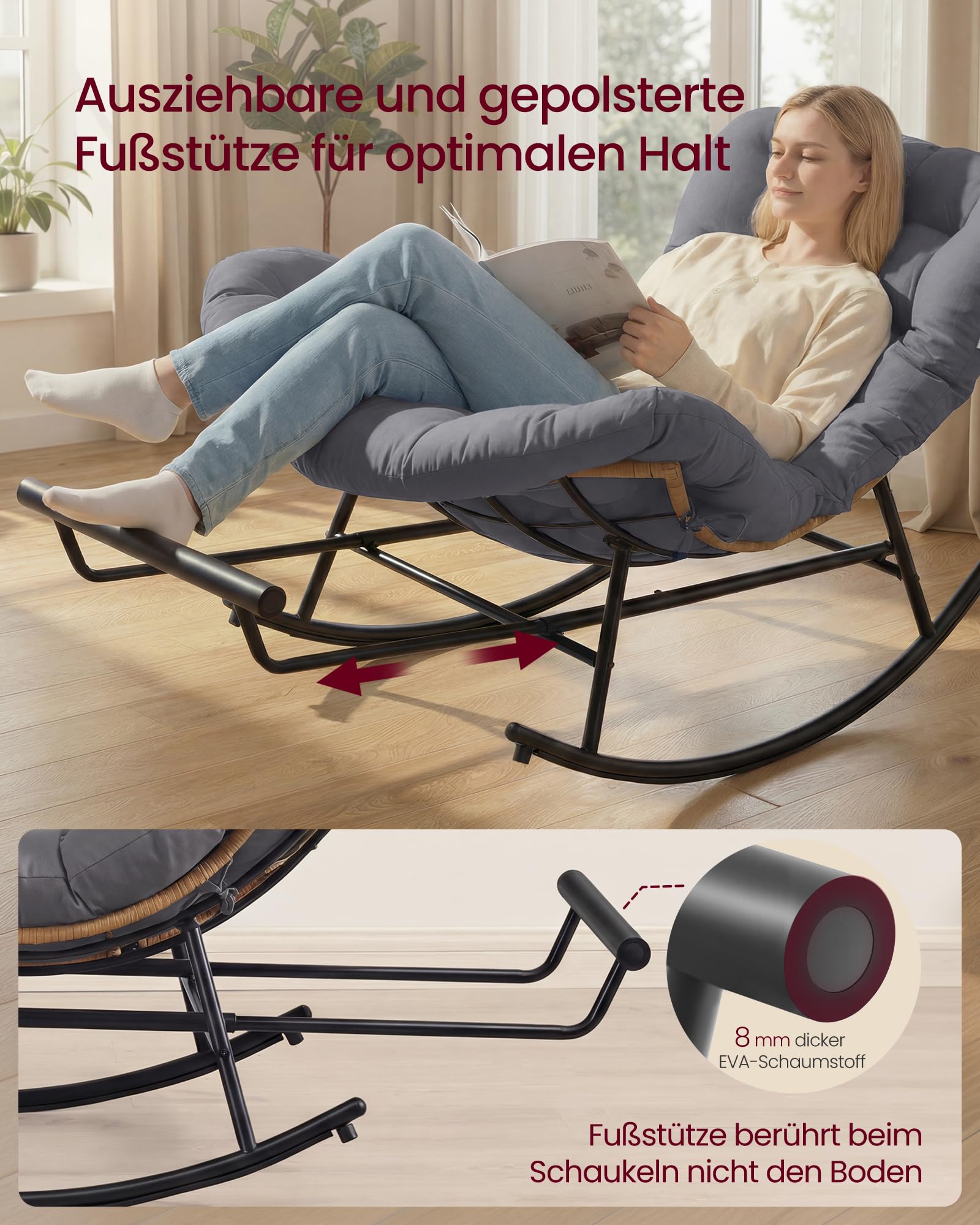 VASAGLE Schaukelstuhl, Schaukelsessel, Relaxsessel, Stahlgestell, ausziehbare Fußstütze, abnehmbares Kissen, bis 136 kg belastbar, Schlaf-, Wohnzimmer, Terrasse, Garten, grau LYY062GZ01