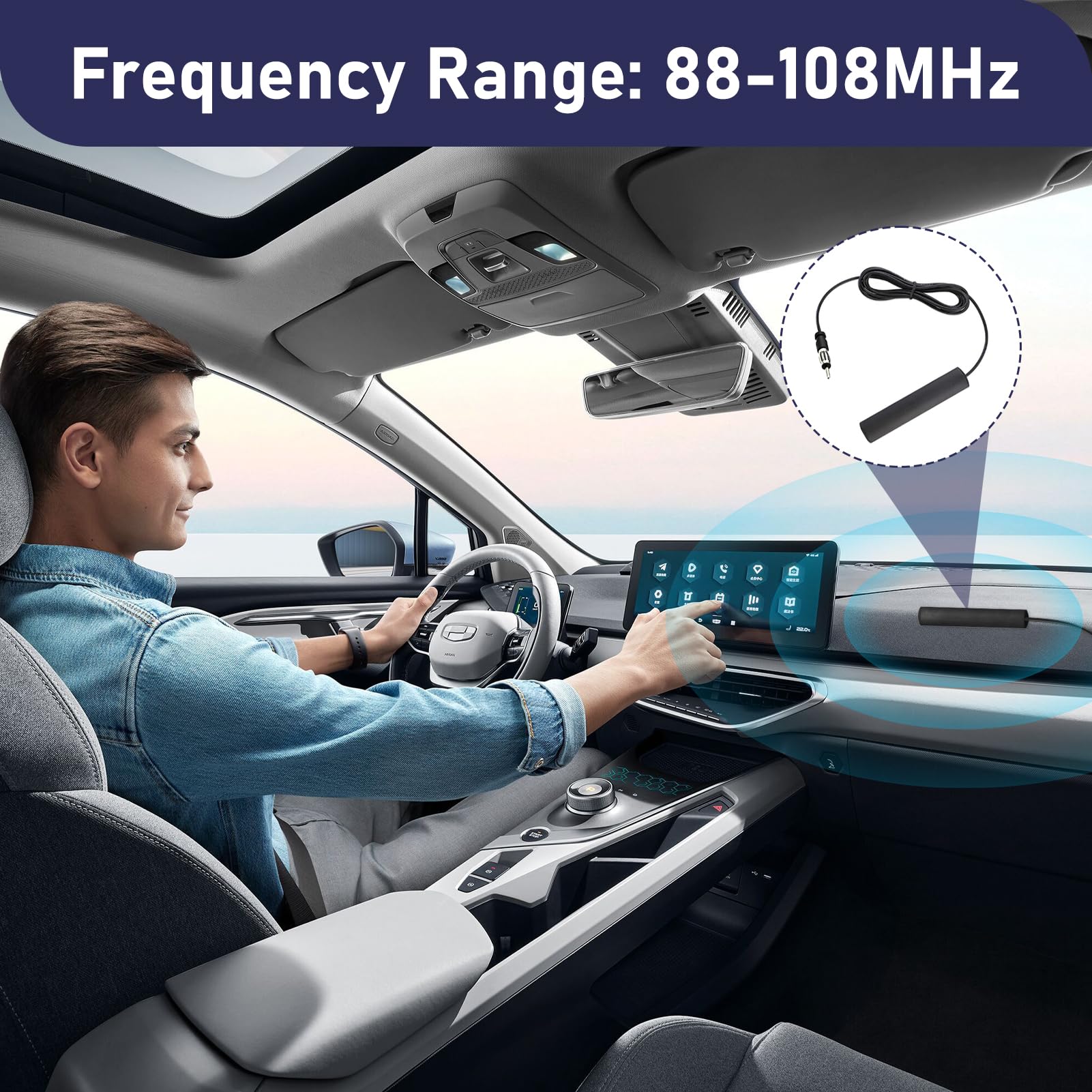 Antenna Autoradio Interna, Antenna FM Auto Amplificata ANT-309, per Auto SUV e Camion, Adesiva per Parabrezza, Compatibile con Radio AM FM, Cavo 5M e Connettore DIN Standard, Alta Ricezione Segnale