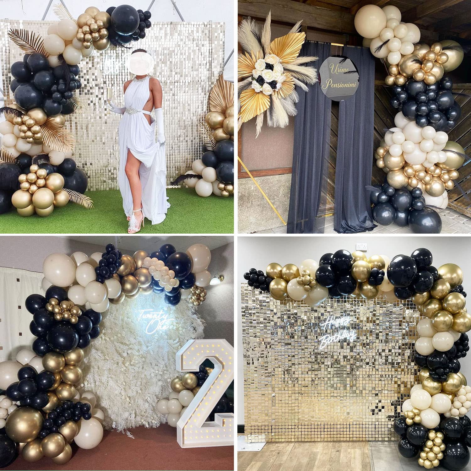 Ballonnenslinger, zwart, goud, beige, 152 stuks, voor verjaardag, zwart, beige, goud en confettiballonnen, zwart-gouden ballonslinger voor verjaardagsdecoratie, bruiloft, decoratie, verjaardag