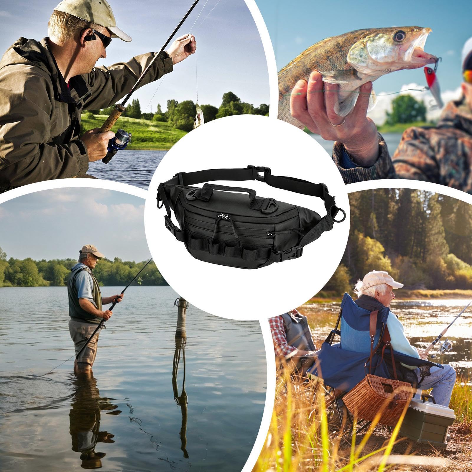 Marsupio da pesca – Marsupio per pesca a mosca, marsupio multifunzionale per escursionismo, borsa portatile per pesca a mosca, accessori per uomini e donne, corsa, ciclismo, escursionismo, Nero