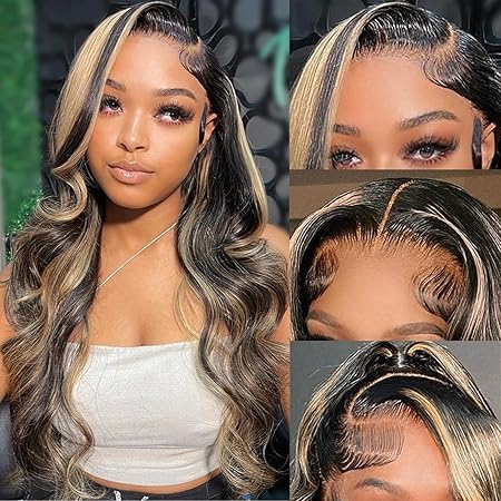 13x6 1b/27 Highlight Ombre Balayage Lace Front Wigs Human Hair Black and Blonde Body Wave Lace Frontal Wig Pre Plucked with Baby Hair for Black Women HD Transparent 180% Density Wig 26Inch