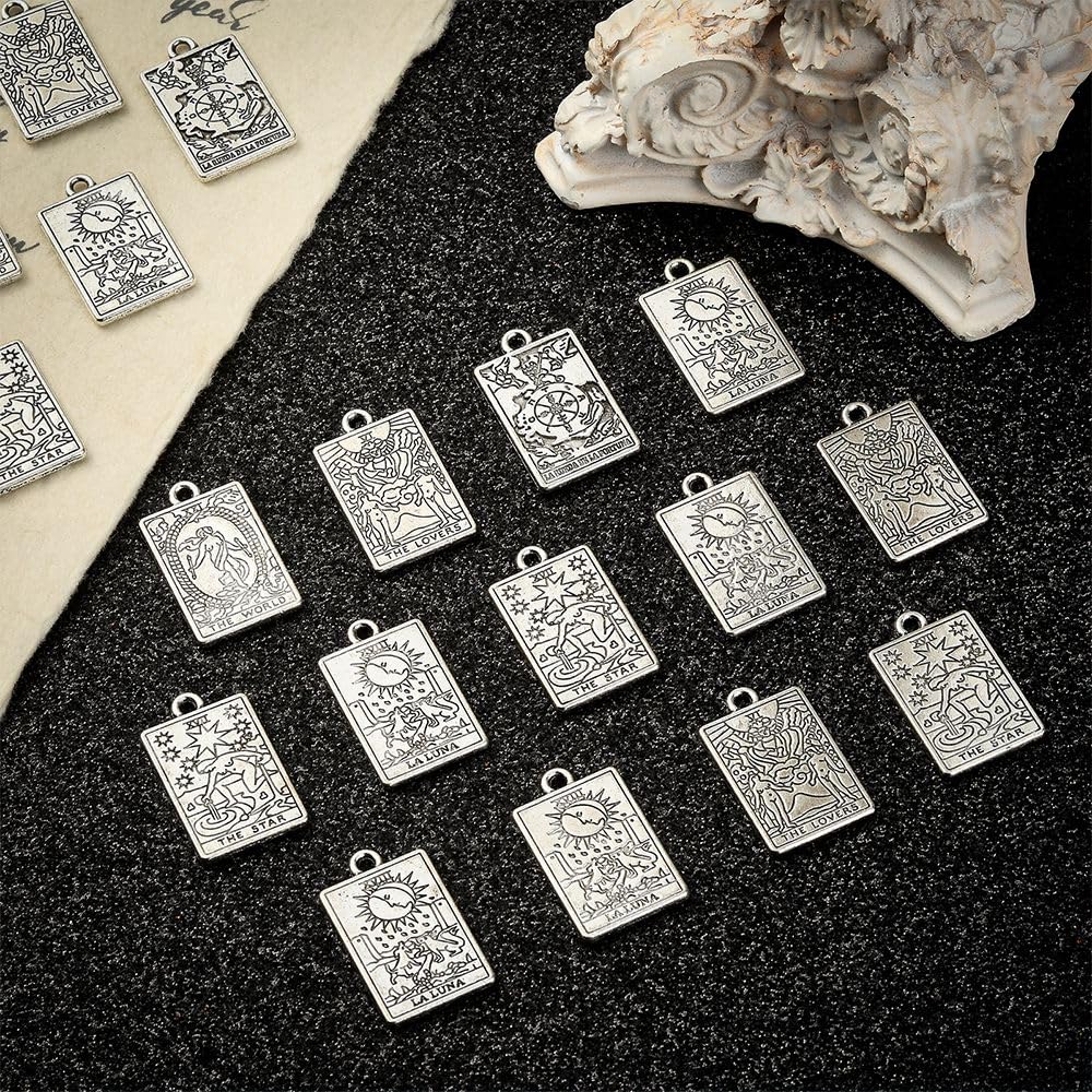 Stiesy 50pcs 5 Styles Antique Tarot Card Charms Tibetan Silver Vintage Divination Card Dangle Charms for DIY Crafts Bracelet Jewelry Making - Image 3