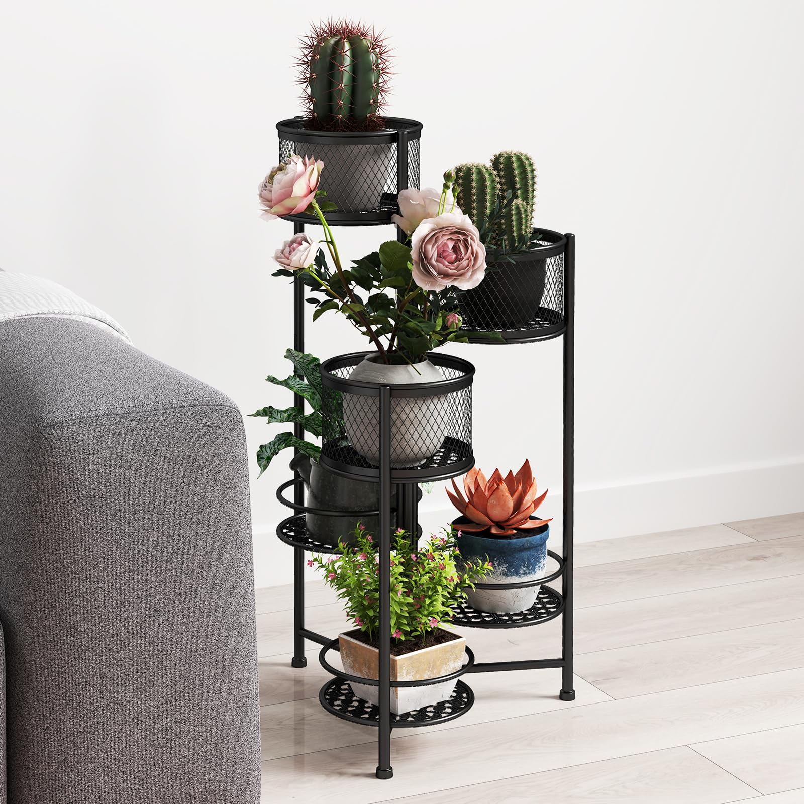 COSTWAY Porta Piante da Interno Pieghevole, Scaffale per Piante e Fiori in Metallo a 6 Livelli,Porta Vasi Salvaspazio da Balcone e Salotto, 41 x 39 x 82 cm (Nero)