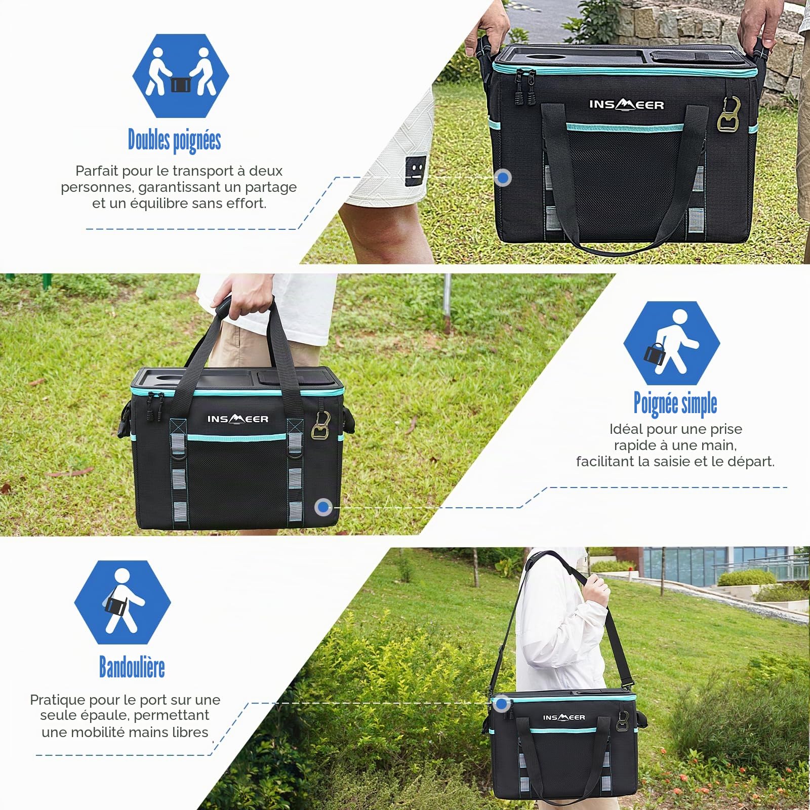 INSMEER isotherme Sac rigide de 40 l/60 canettes, avec tasse supérieure et ouvre-boîte, pour camping, pique-nique, plage