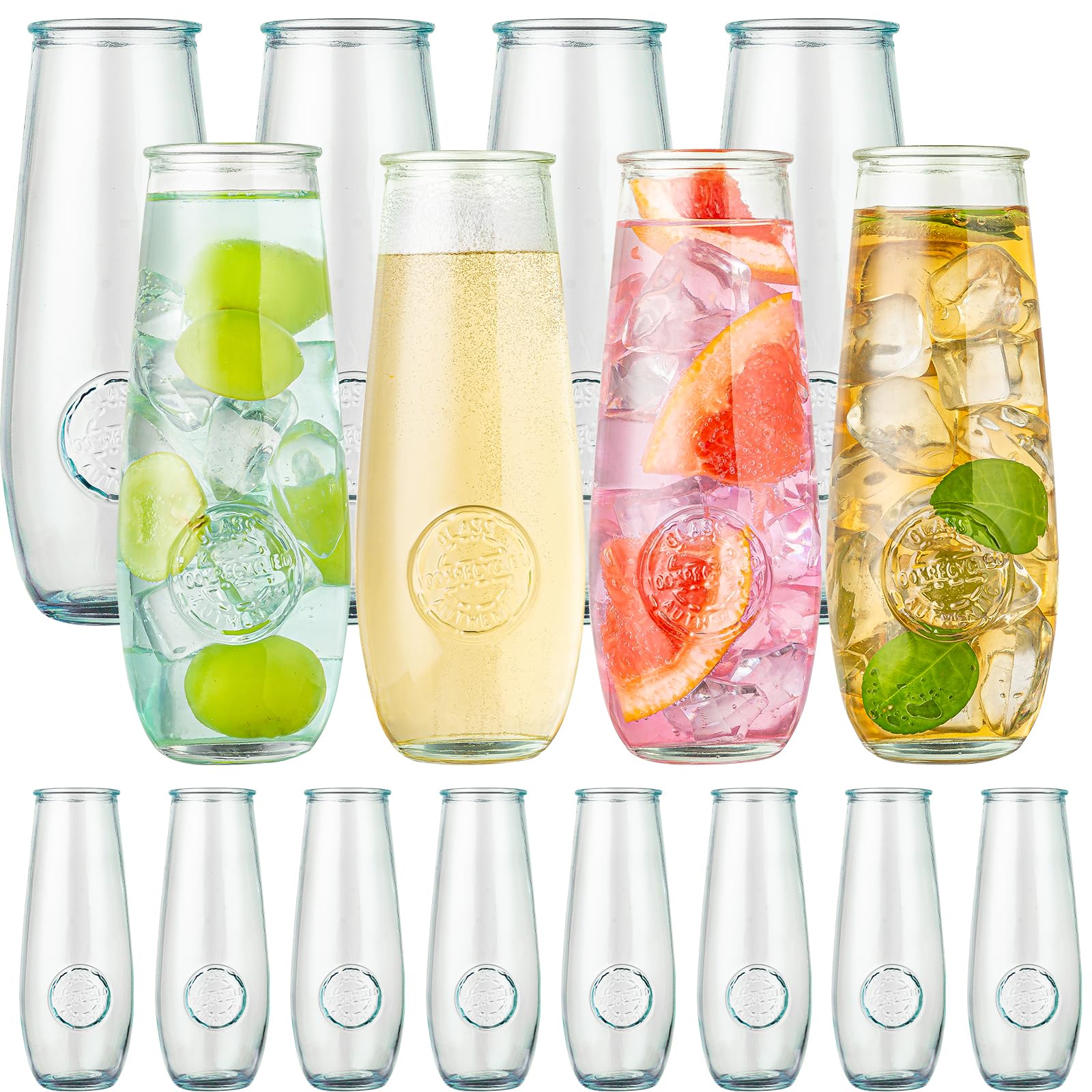 wookgreat Stemless Champagne Flutes Set of 16, 10 oz Champagne Glasses, Toasting Glasses, Prosecco Mimosa Glasses, Made Of Recycled Glass, Embossed Stemless Champagne Flutes for Wedding, Party, Easter