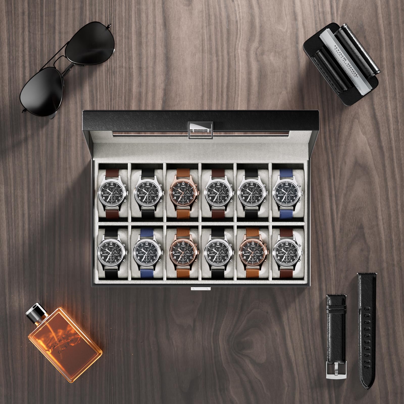 Boîte de Rangement pour Montres pour Hommes, 12 emplacements, Couvercle en Verre, Cuir PU, Noir.