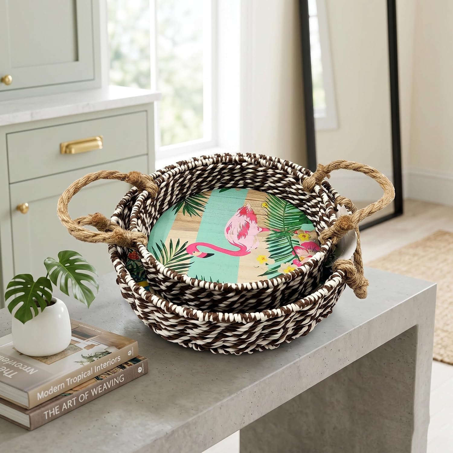 Hand-Woven Storage, Natural Paper Rope Basket,Desktop Organizer with Handle,Round Flamingos Decor Basket for Home,Living Room,Shelf,Pet,Handcrafted with Reinforced Iron Frame,Small&Large