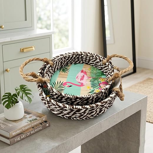Hand-Woven Storage, Natural Paper Rope Basket,Desktop Organizer with Handle,Round Flamingos Decor Basket for Home,Living Room,Shelf,Pet,Handcrafted with Reinforced Iron Frame,Small&Large