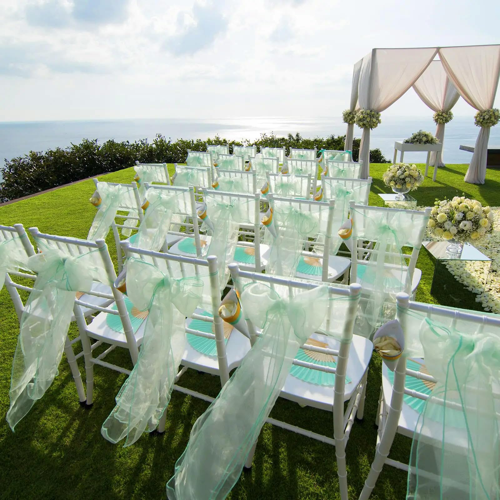 Stuhlschärpen mit Schleife, 50/100 Stück, 17 x 275 cm, Salbeigrün, Stuhlschärpen für Hochzeiten, Party-Arrangements, Stuhlhussen aus Baumwolle, rutschfeste Schleife, Dekoration