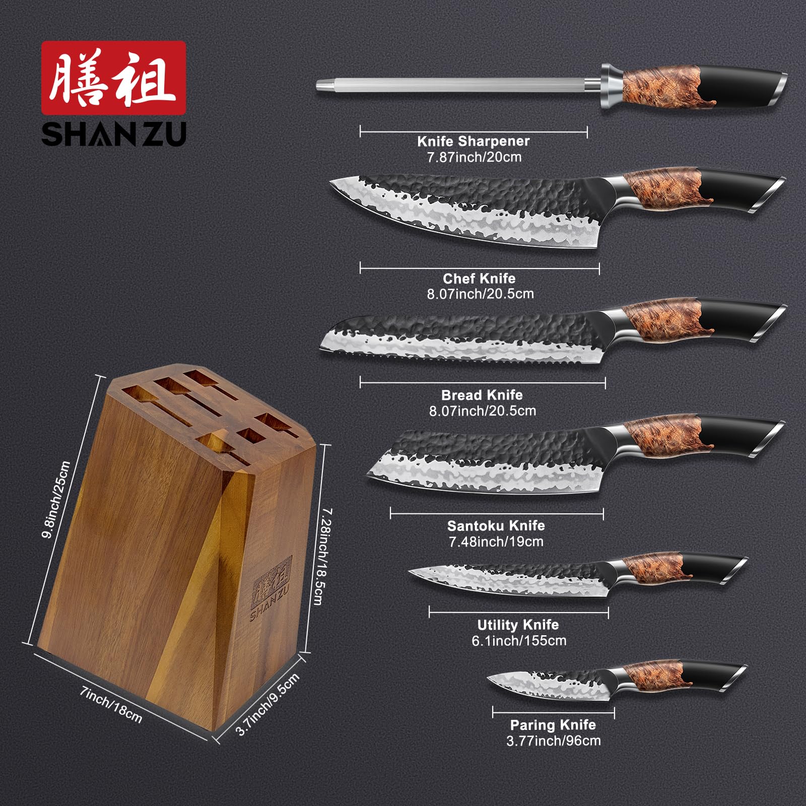 SHAN ZU Set di Coltelli da Cucina Forgiati a Mano,Set di Coltelli Giapponesi da 7 Pezzi con Ceppo Coltelli,Coltello da Chef in Acciaio 10Cr15MOV (7 Strati),Manico in Legno di Acero
