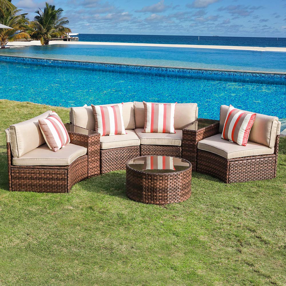 7-Piece Outdoor Half-Moon Curved Patio Sectional Sofa Set | with 2 Glass Top Wedge Side Tables Windproof Slip-Over Beige Cushions All-Weather Brown PE Wicker for Backyard Deck product thumbnail 4